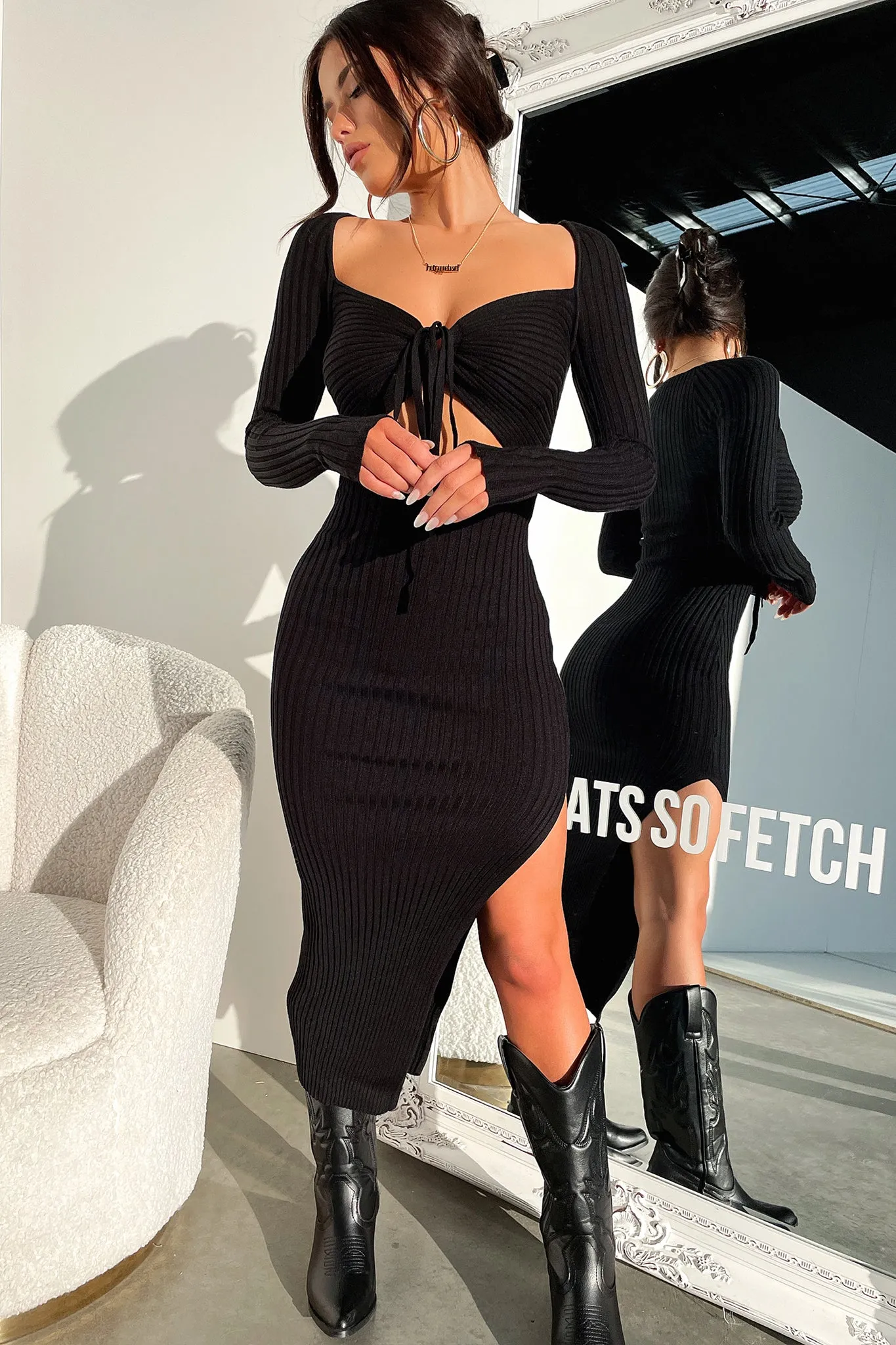 Julius Midi Dress - Black Faux Fur