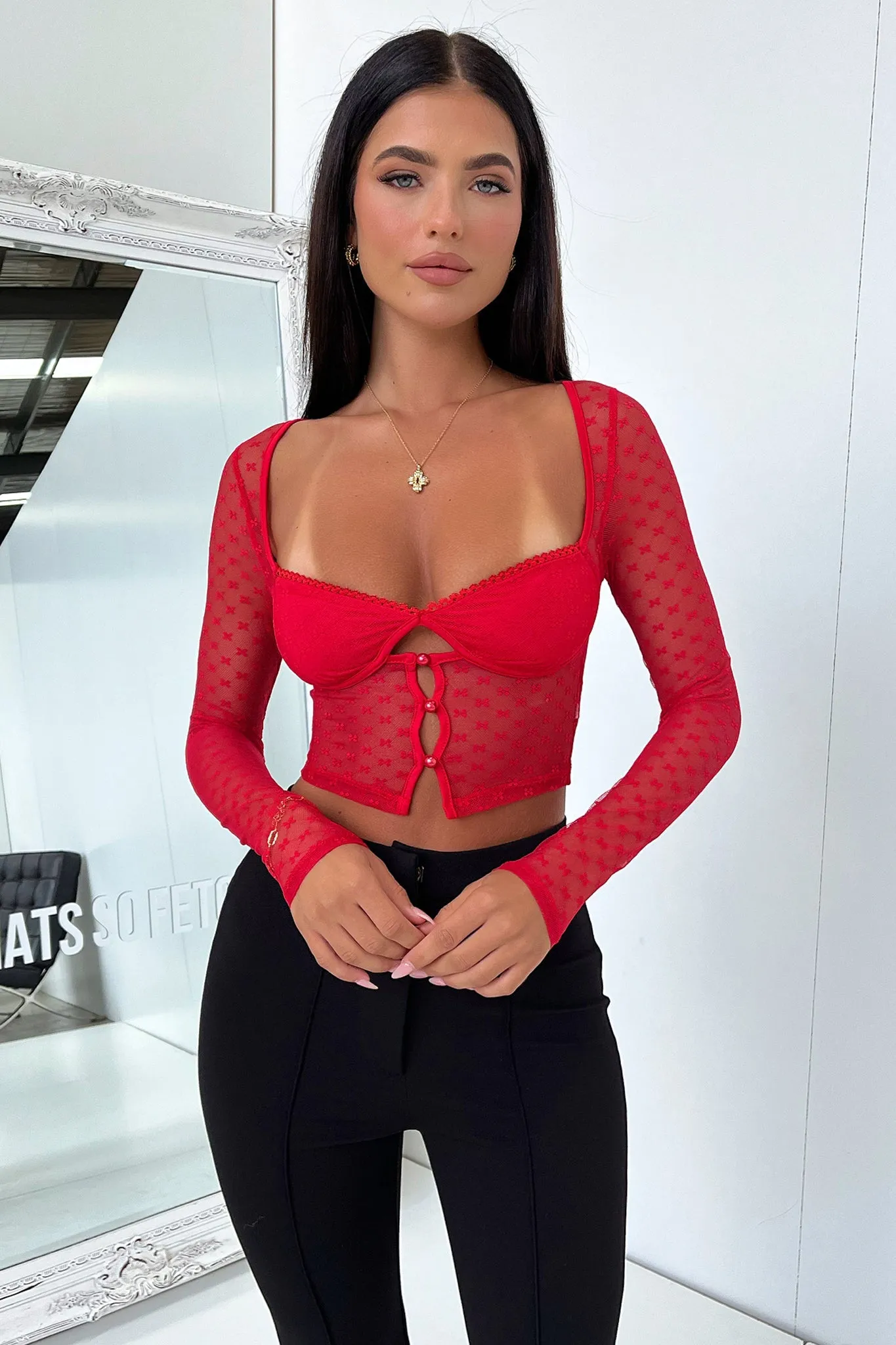 Kacey Long Sleeve Top - Red Lightweight Design