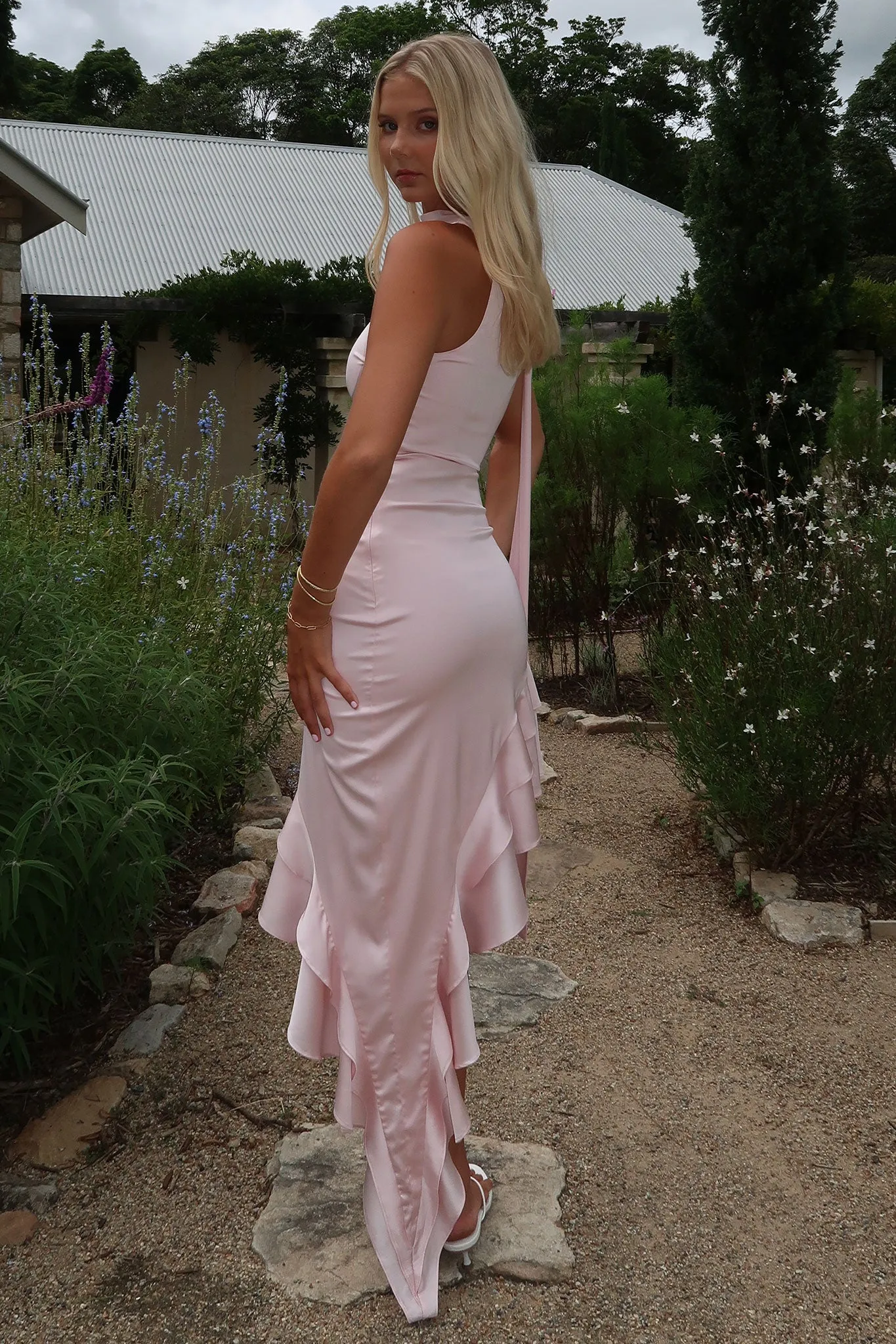 Kara One Shoulder Satin Maxi Dress - Pink Figure Flattering