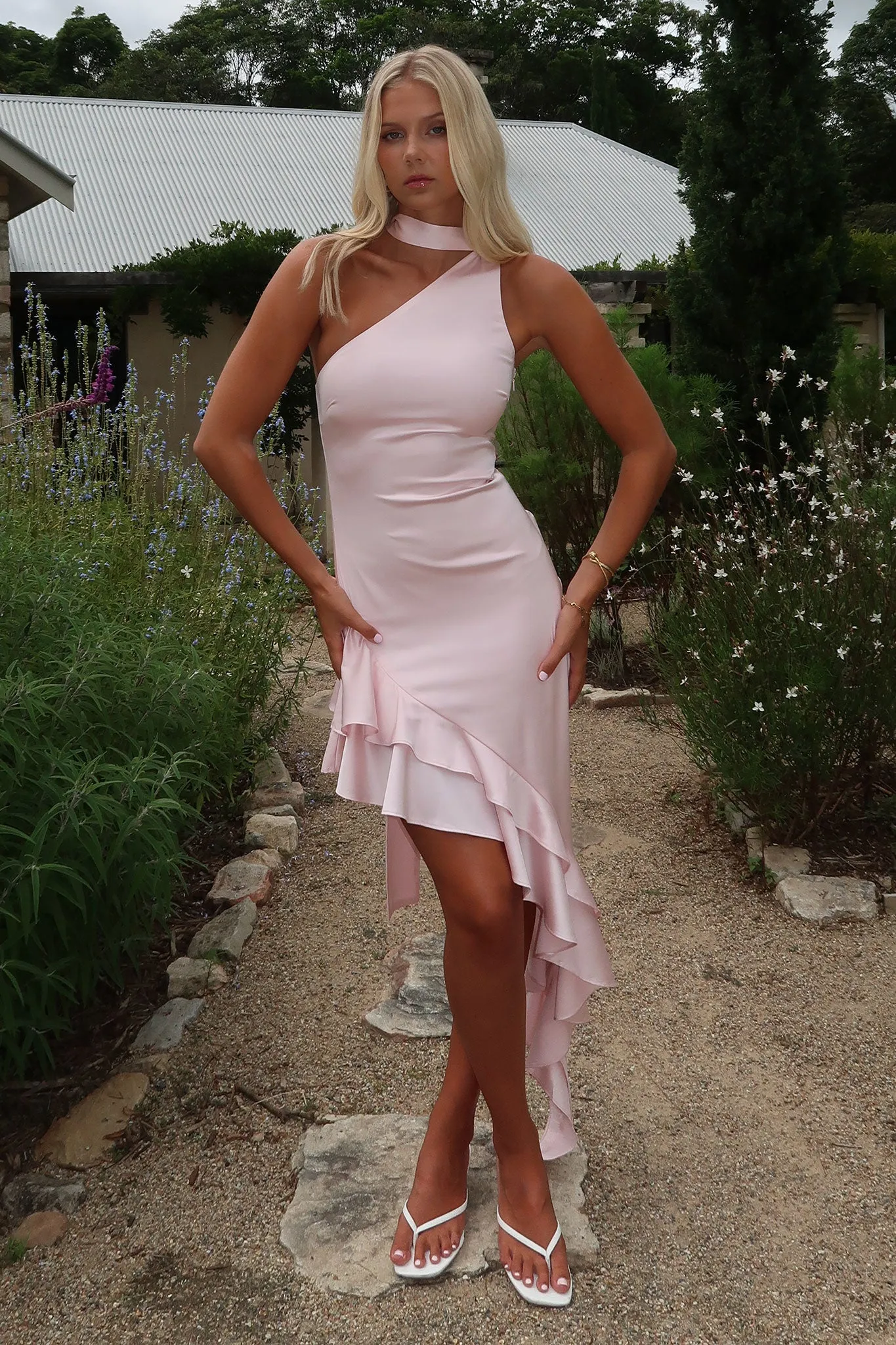 Kara One Shoulder Satin Maxi Dress - Pink Figure Flattering