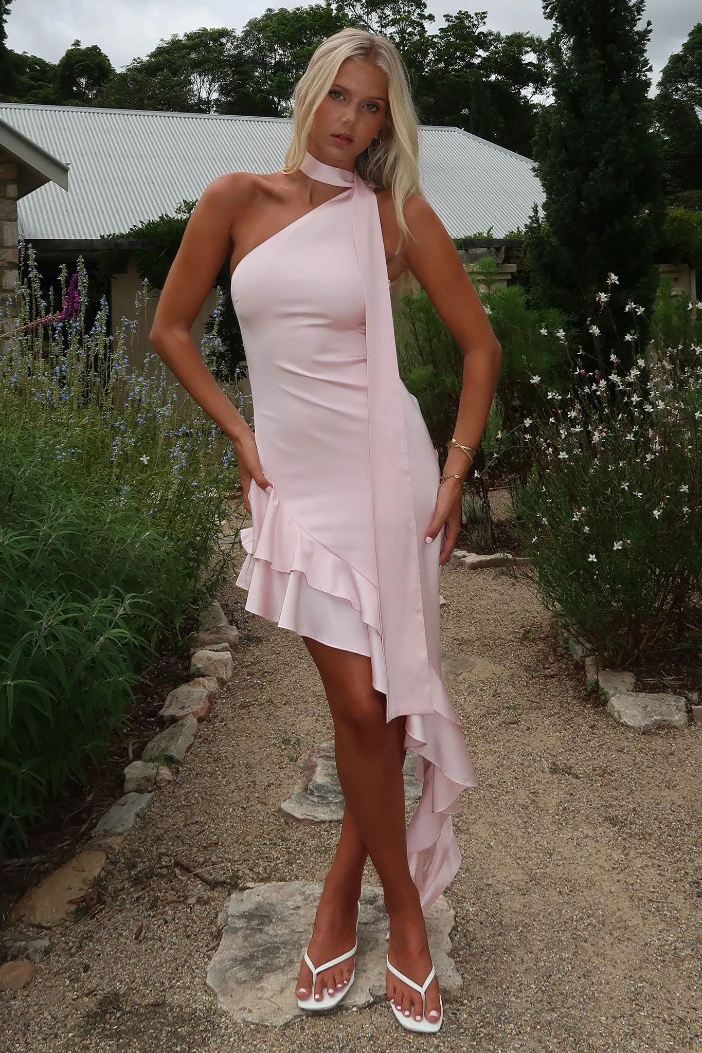 Kara One Shoulder Satin Maxi Dress - Pink Front Button Bamboo Shade