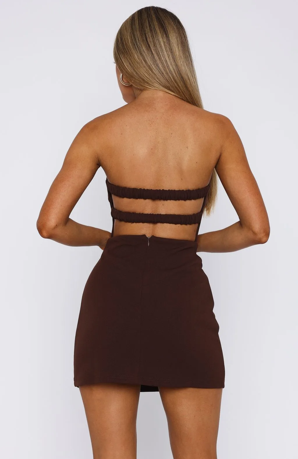 Keep Falling Strapless Mini Dress Chocolate Abstract print