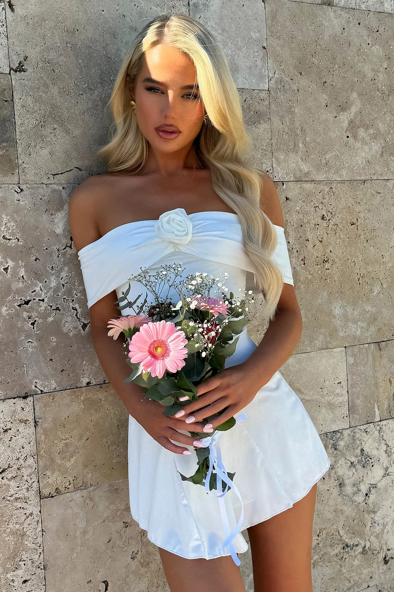 Kirsten Off Shoulder Mini Dress - White Silk Flow