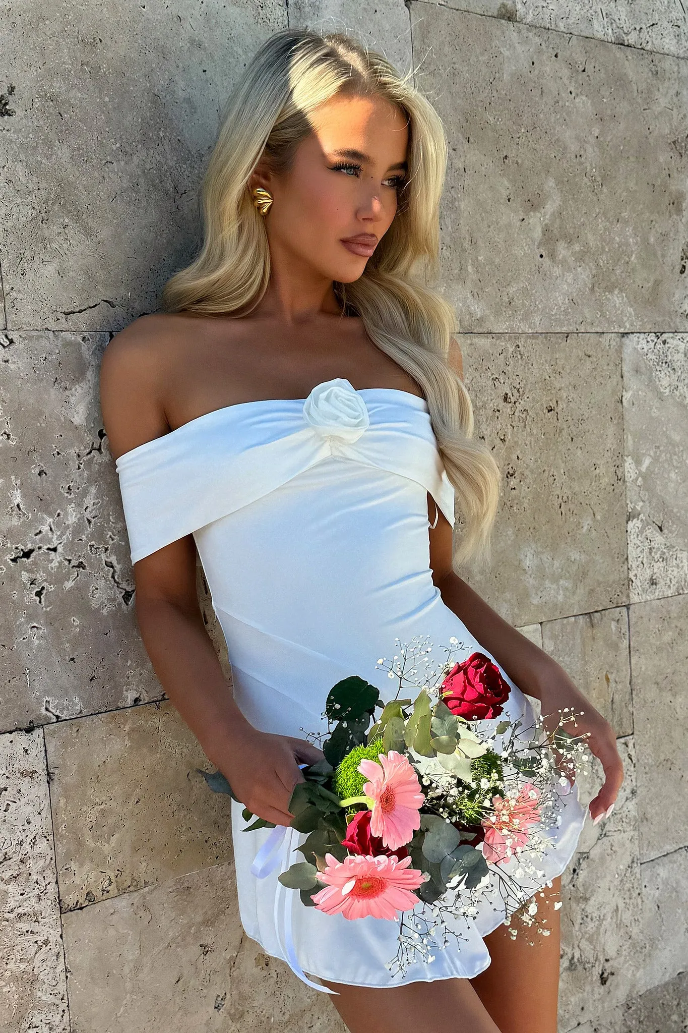 Kirsten Off Shoulder Mini Dress - White Natural Flow