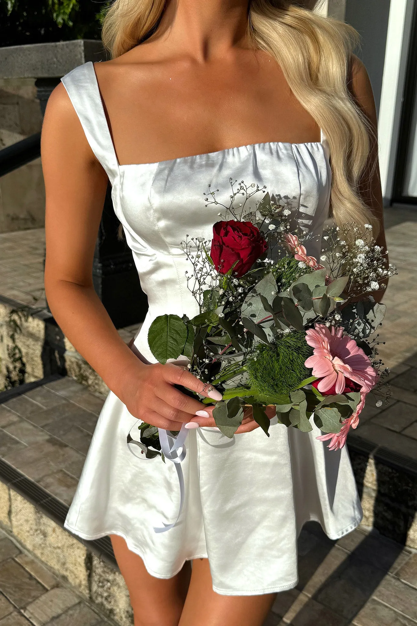 Knife Pleat Edina Satin Mini Dress - White