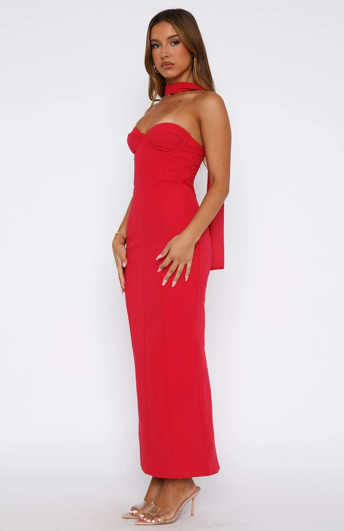 Knife Pleats Raining Hearts Strapless Maxi Dress Red