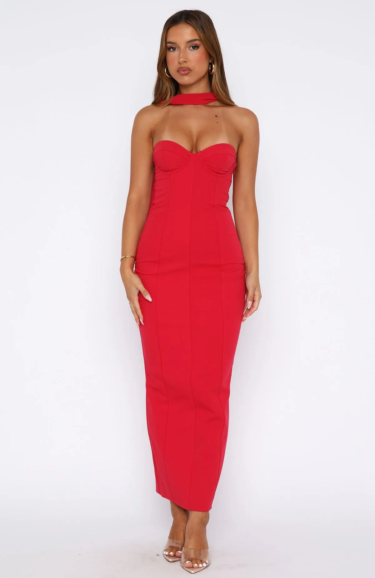 Knife Pleats Raining Hearts Strapless Maxi Dress Red