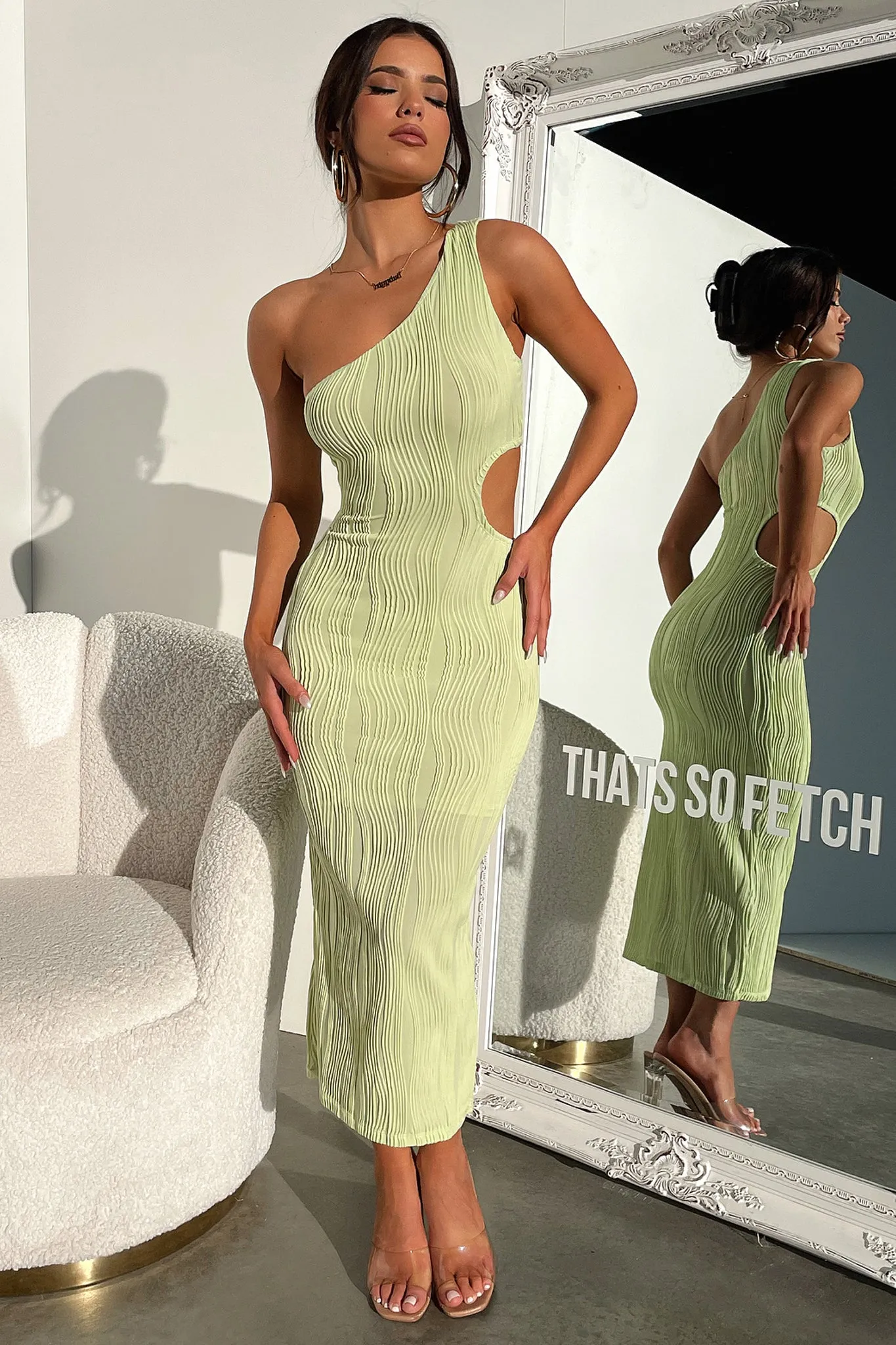 Knit texture Trami One Shoulder Midi Dress - Green