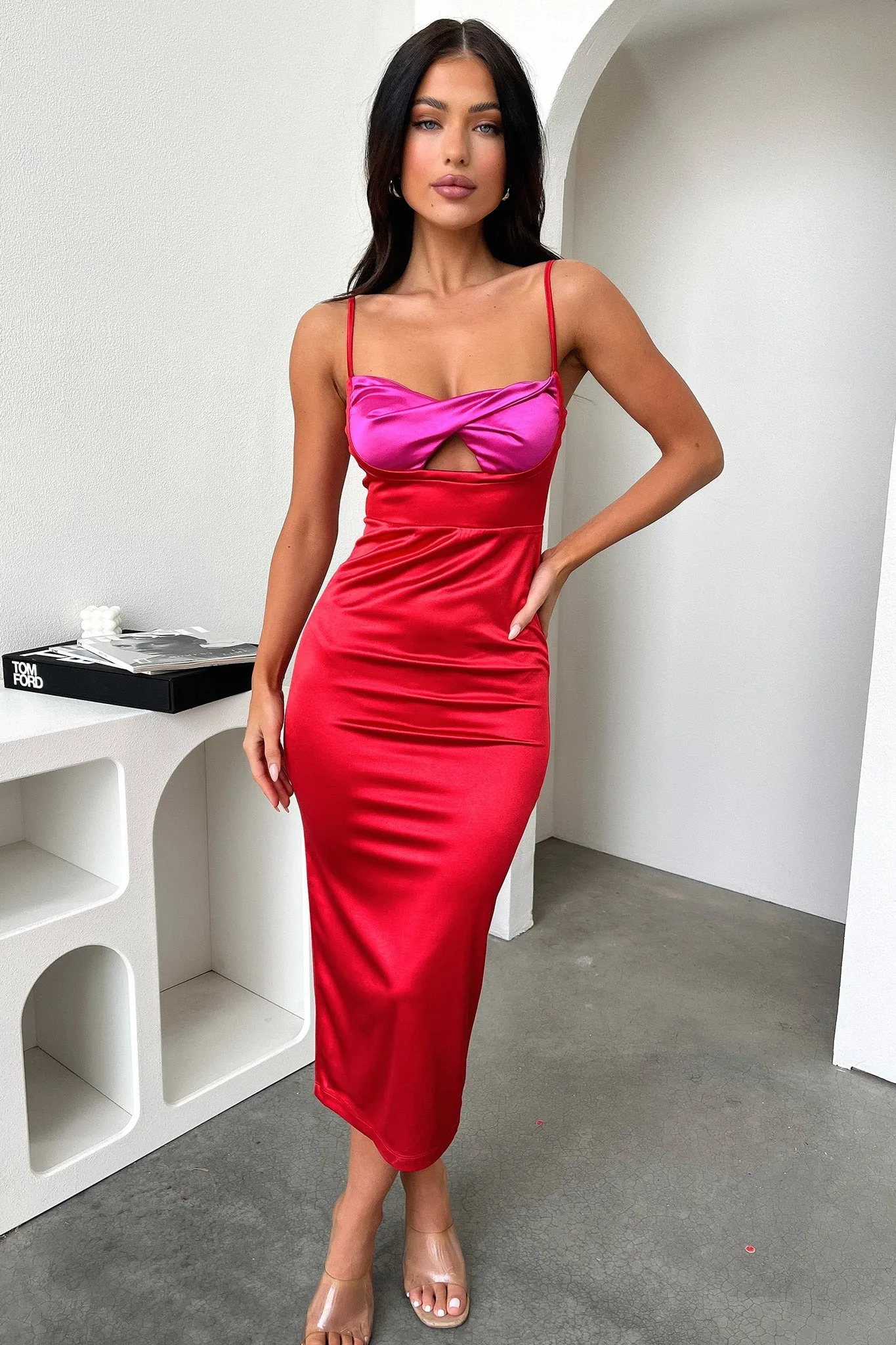 Krista Midi Dress - Red Neck Tie Strap