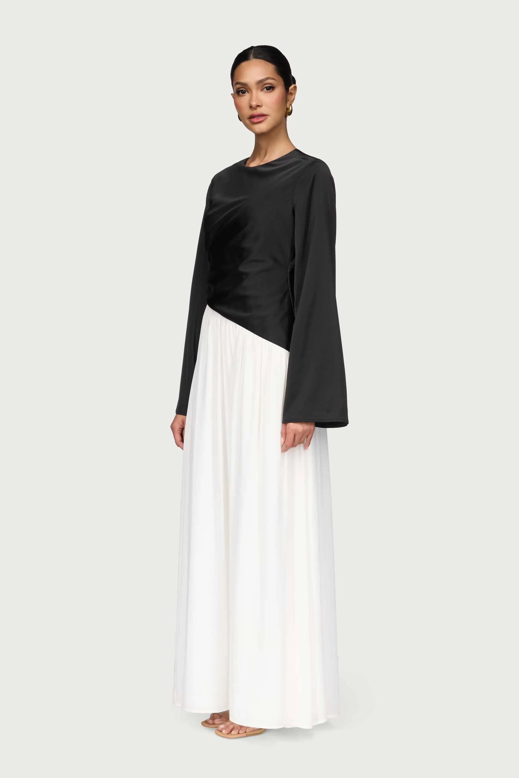 Layal Rouched Contrast Asymmetrical Maxi Dress - Black Hand Embroidered