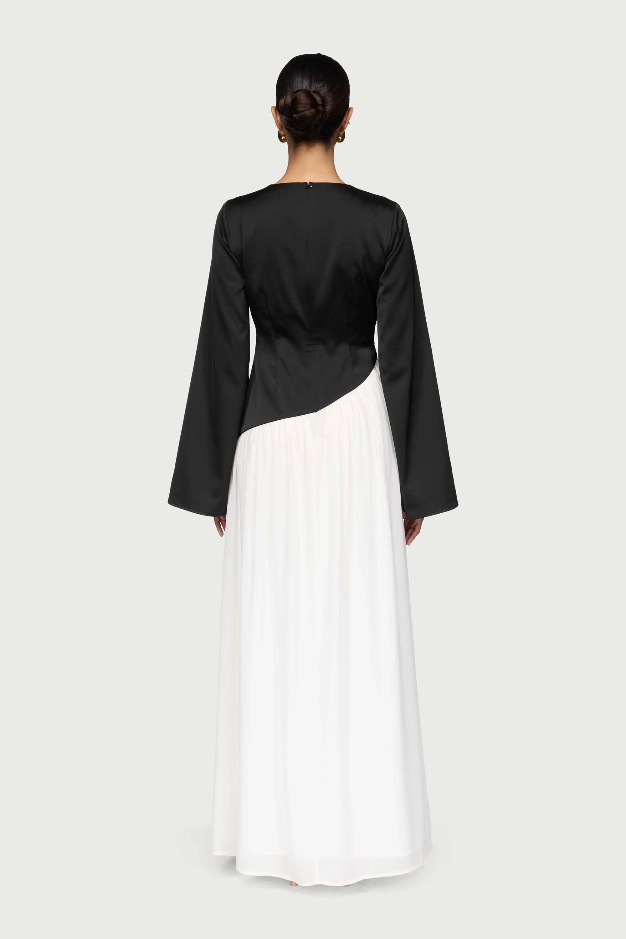 Layal Rouched Contrast Asymmetrical Maxi Dress - Black Hand Embroidered