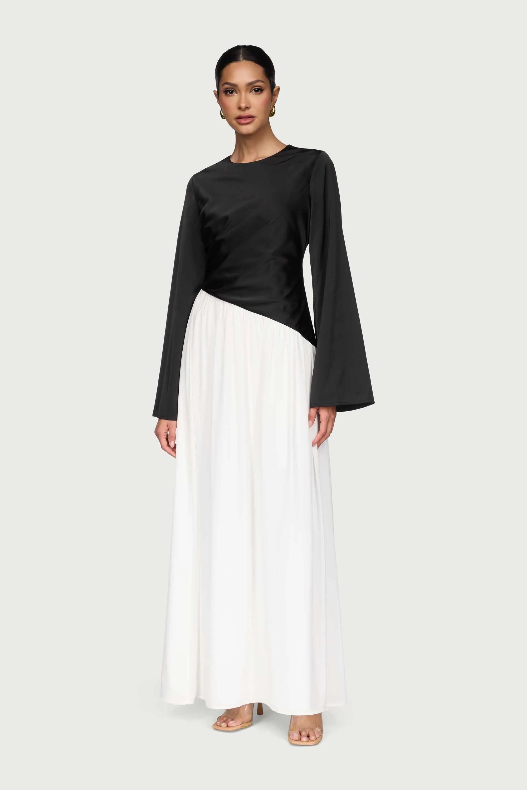 Layal Rouched Contrast Asymmetrical Maxi Dress - Black Hand Embroidered