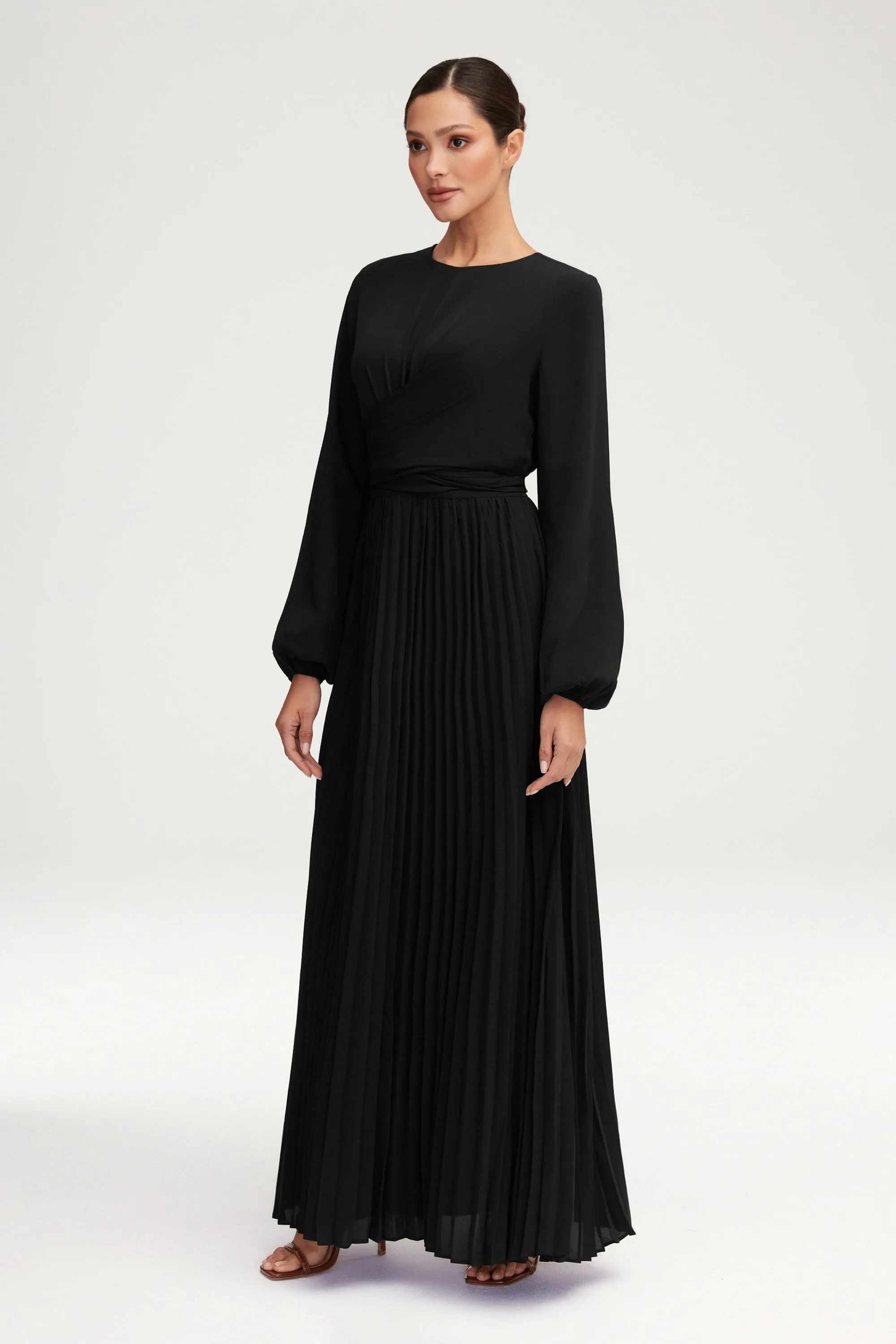 Layana Pleated Wrap Waist Maxi Dress - Black Glossy-Finish