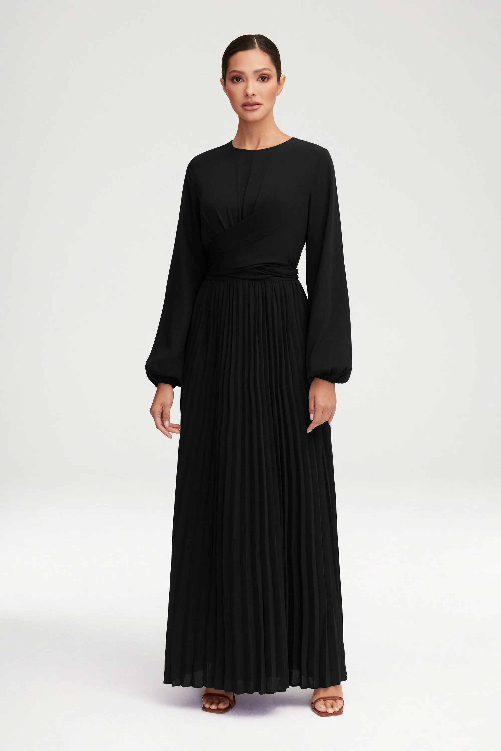 Layana Pleated Wrap Waist Maxi Dress - Black Fashion Outfit