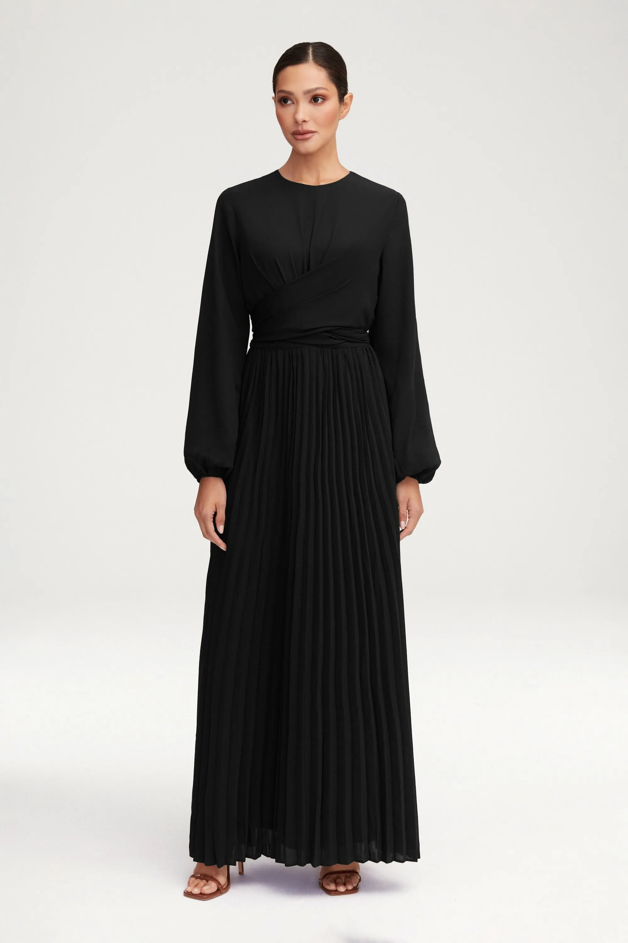 Layana Pleated Wrap Waist Maxi Dress - Black Fashion Outfit