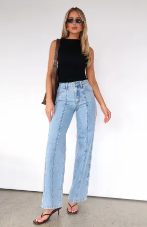 Layla Mid Rise Straight Leg Jeans Light Blue button fly retro trend