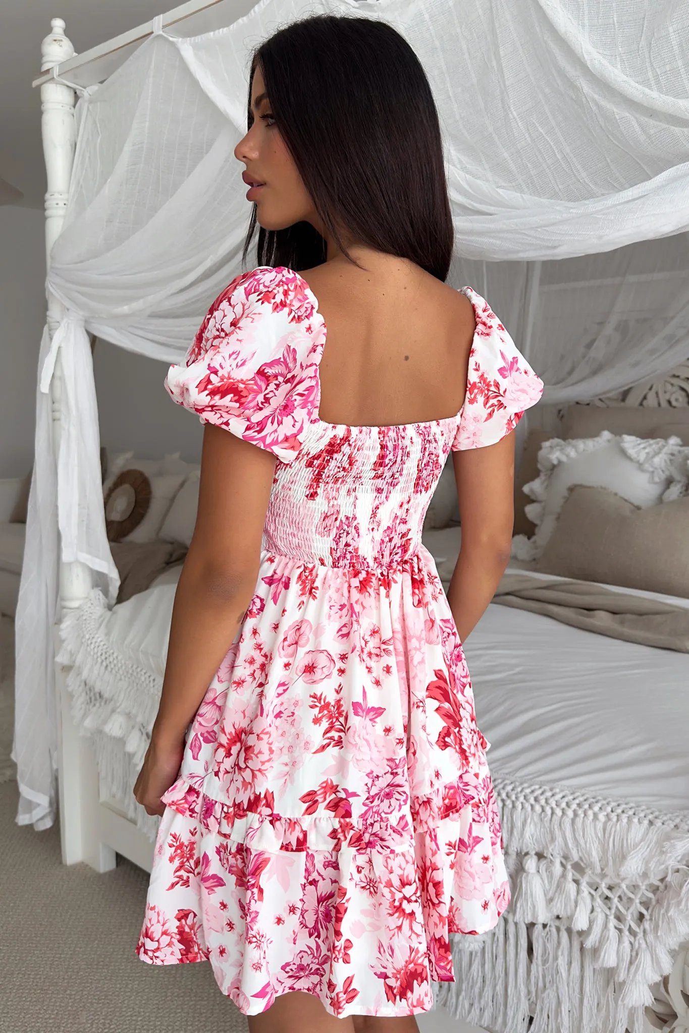 Leather Look Taleah Puff Sleeve Mini Dress - Pink Floral
