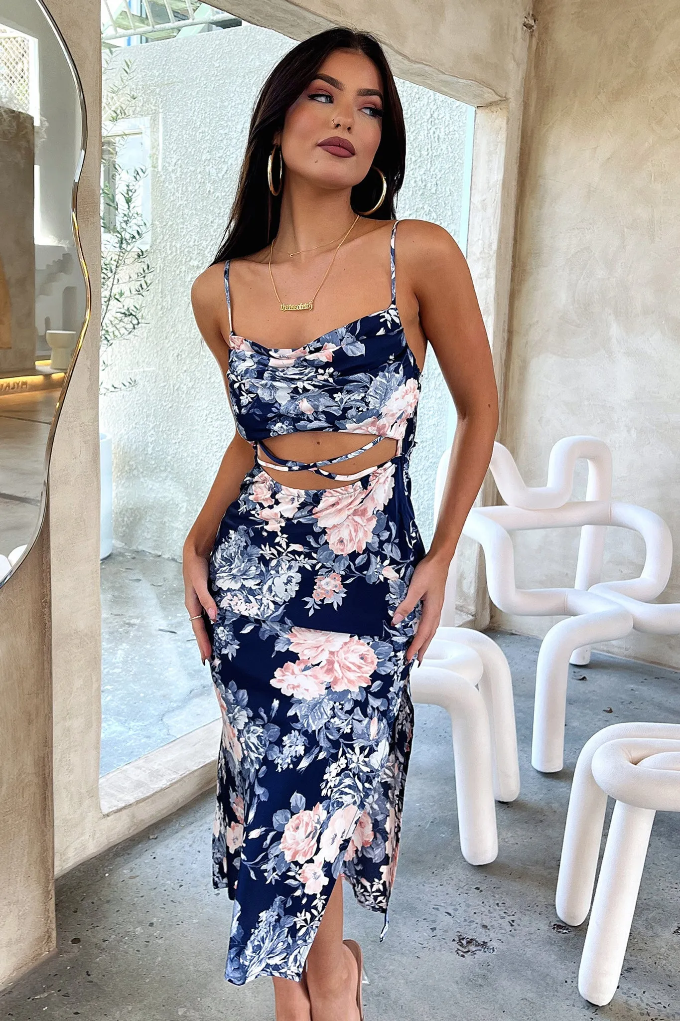 Leather Panel Florence Midi Dress - Blue Floral