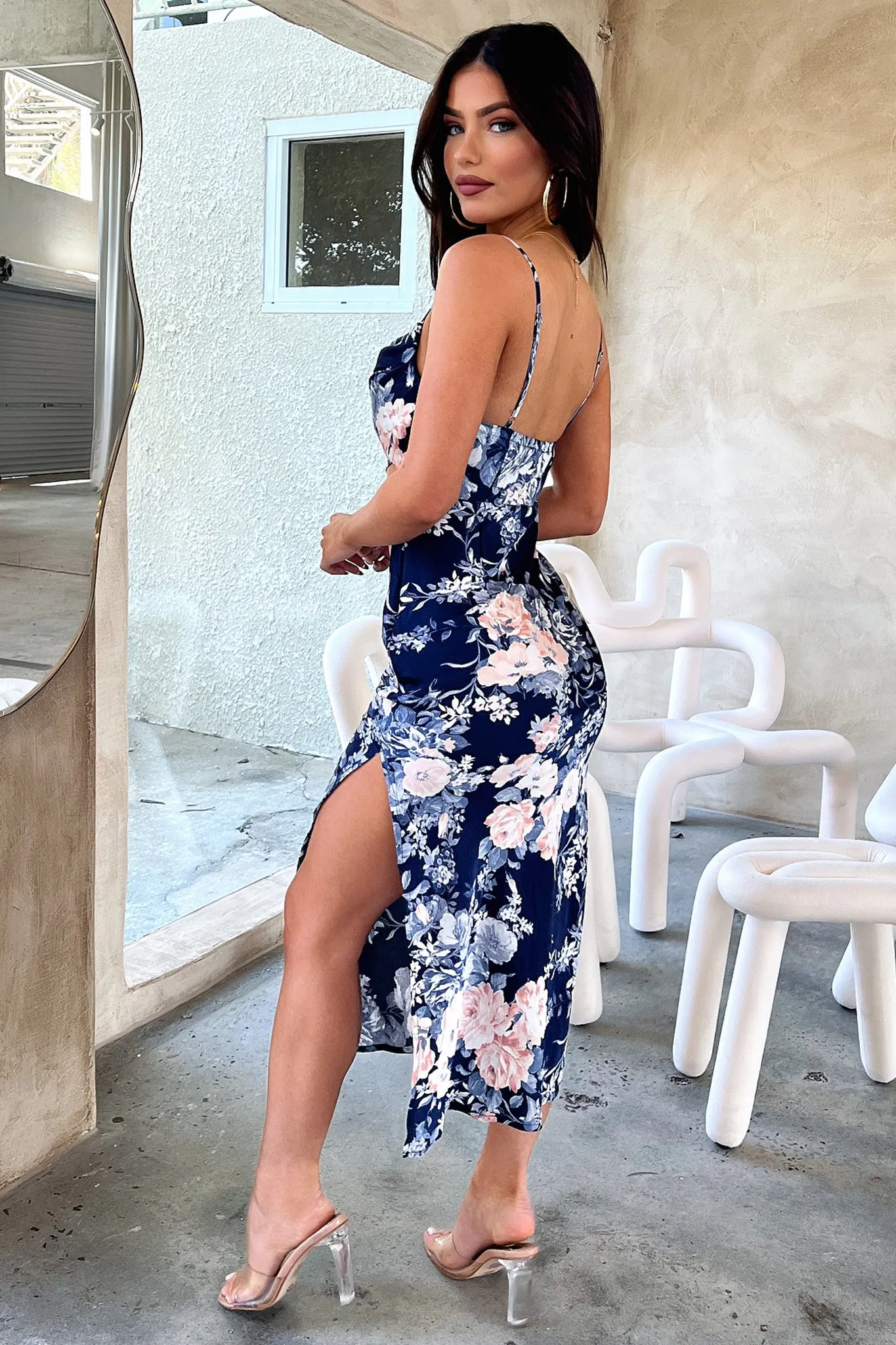 Leather Panel Florence Midi Dress - Blue Floral