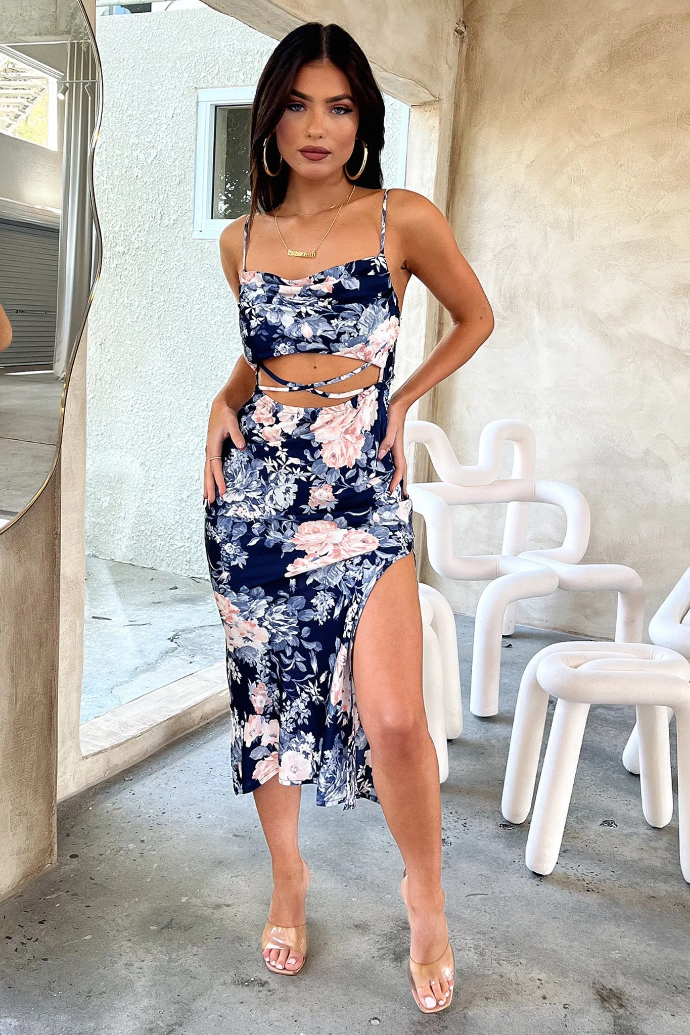 Leather Panel Florence Midi Dress - Blue Floral