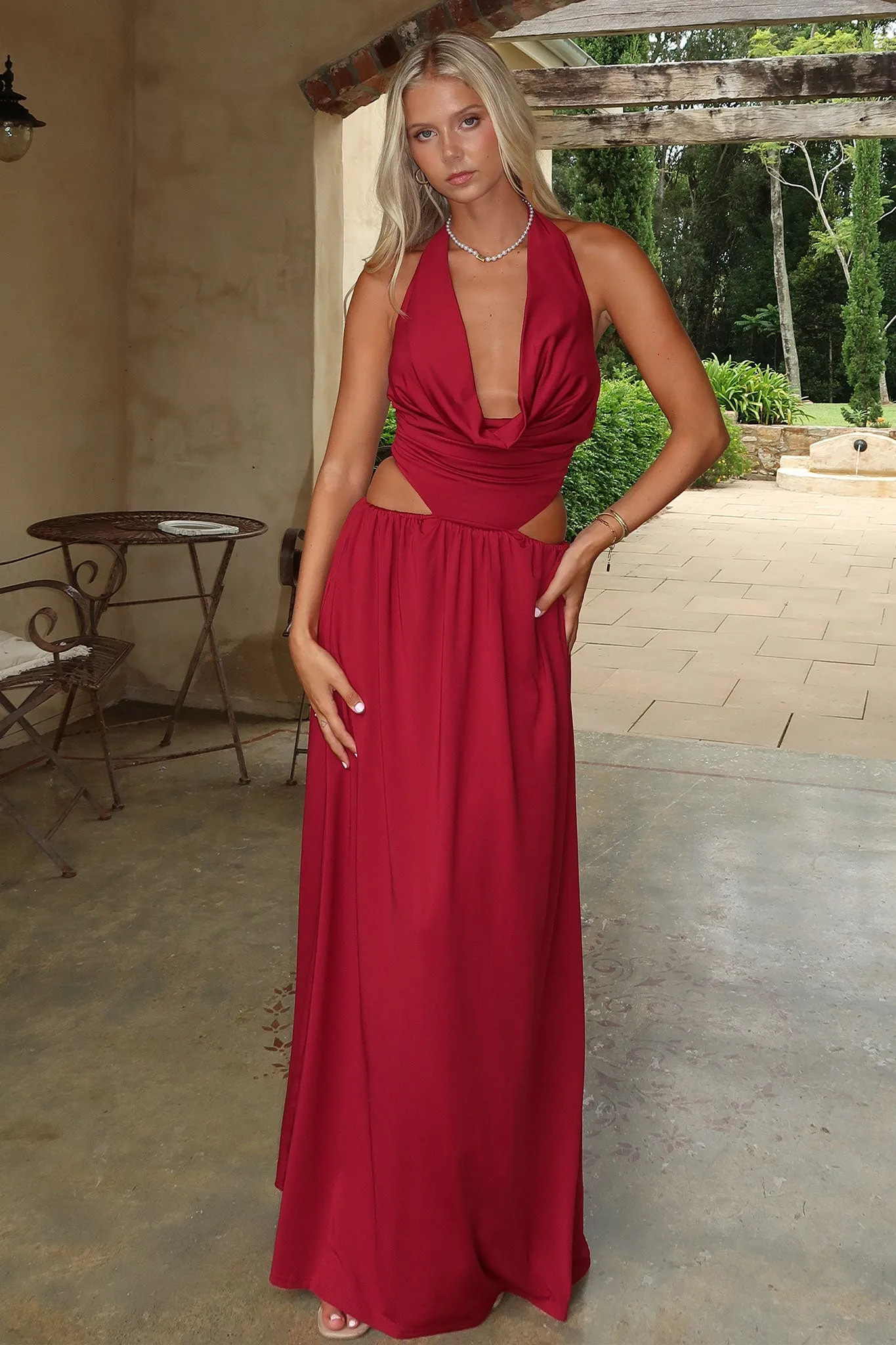 Leg Elongating Soraya Plunge Halter Neck Maxi Dress - Burgundy