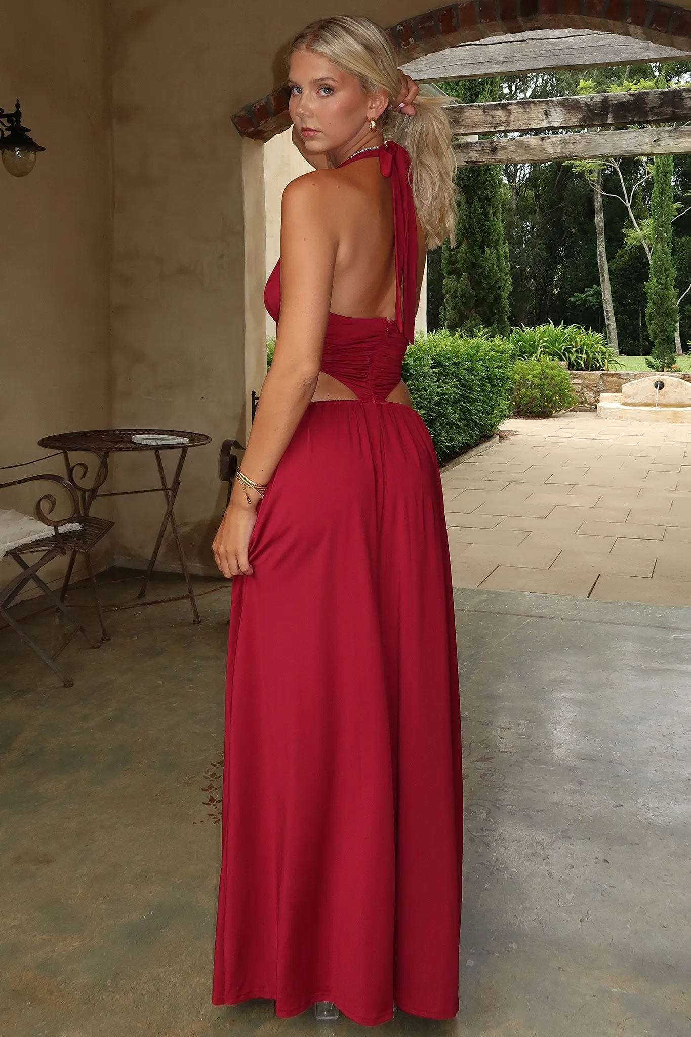 Leg Elongating Soraya Plunge Halter Neck Maxi Dress - Burgundy