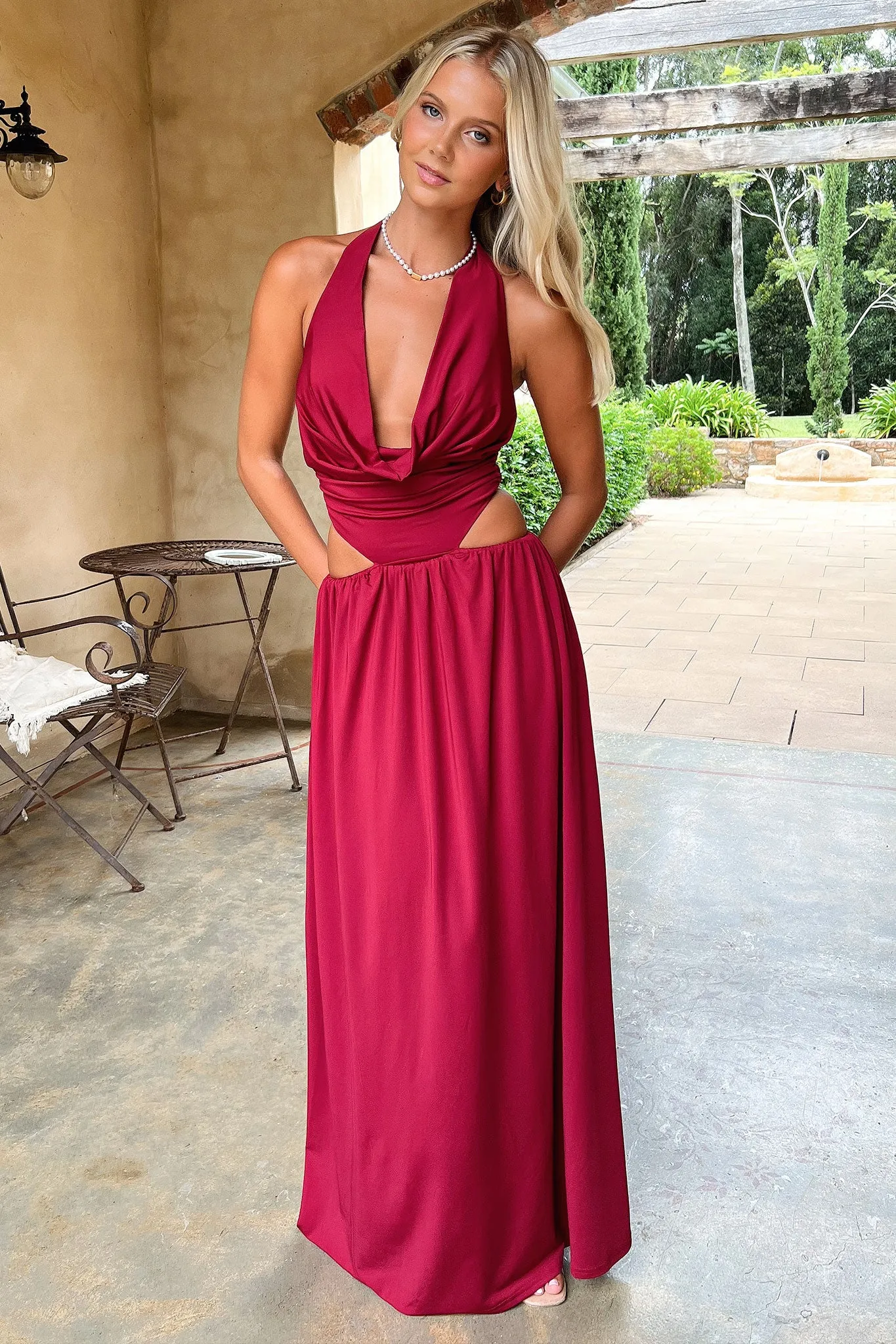 Leg Elongating Soraya Plunge Halter Neck Maxi Dress - Burgundy