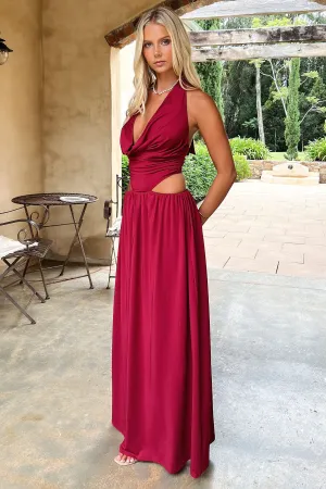 Soraya Plunge Halter Neck Maxi Dress - Burgundy Kimono-Sleeve