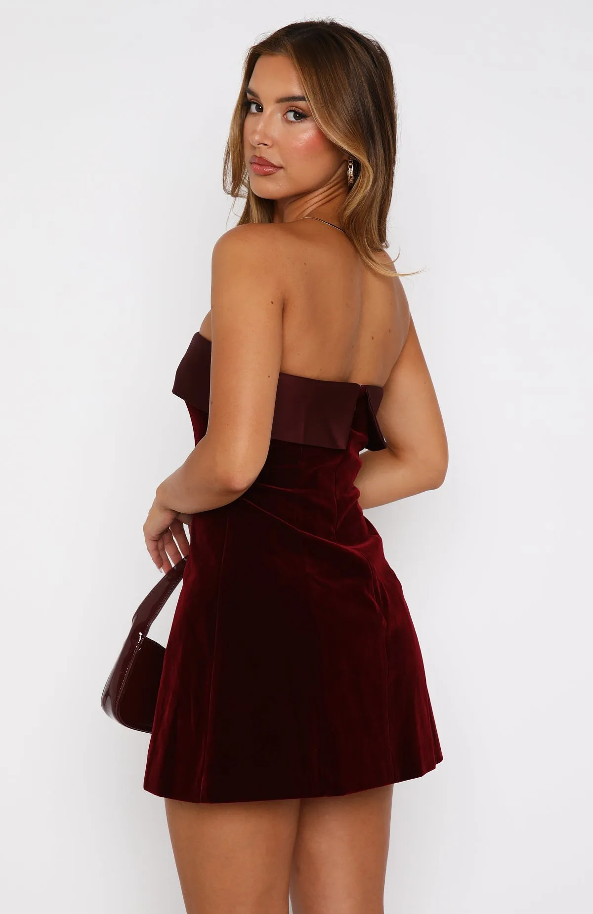 Let Loose Strapless Mini Dress Deep Red Button Cuffs