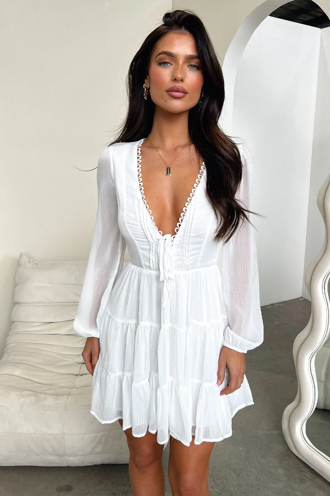 Lexie Long Sleeve Dress - White Front Drape