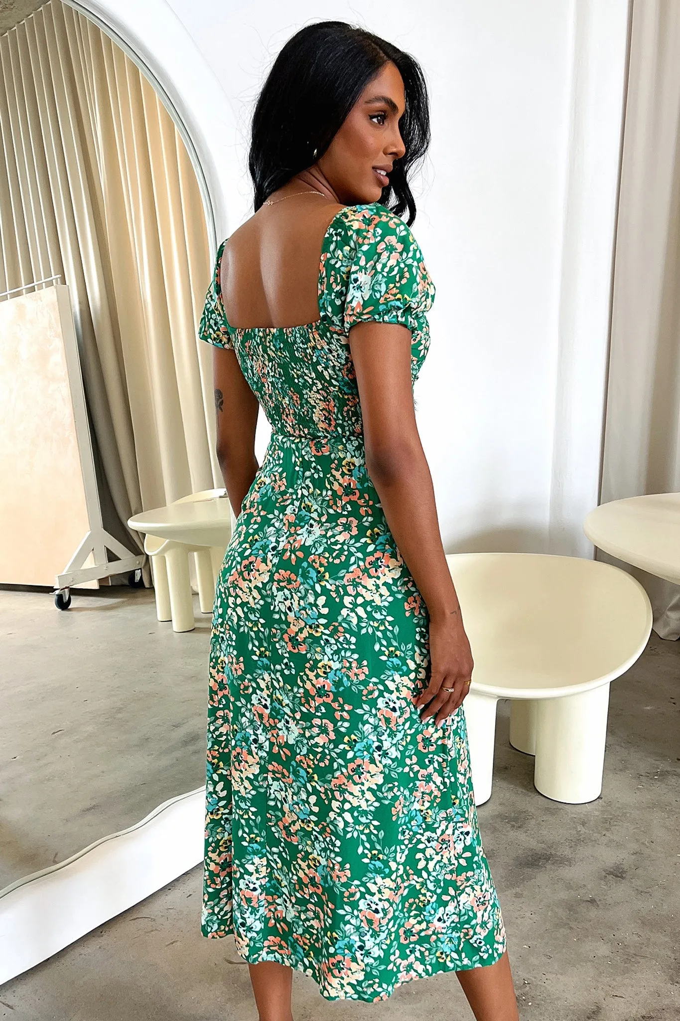 Light Fabric Solem Midi Dress - Dark Green Floral