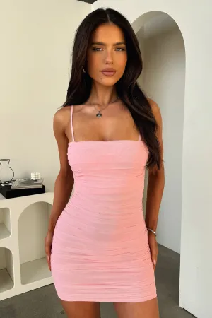 Zena Mesh Mini Dress - Blush Feminine mini-length gown Sleek fit-and-flare style