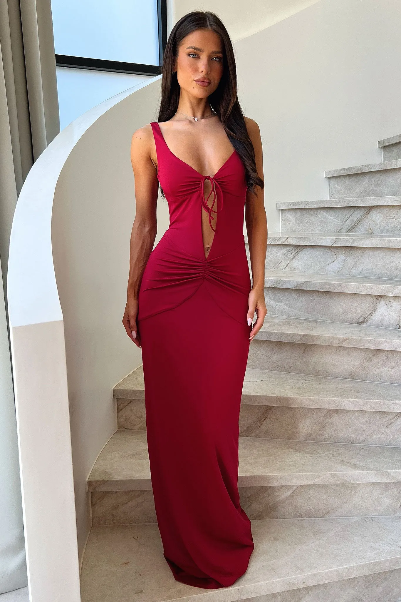 Lilo Keyhole Backless Maxi Dress - Burgundy Timeless Look Cool Fabric