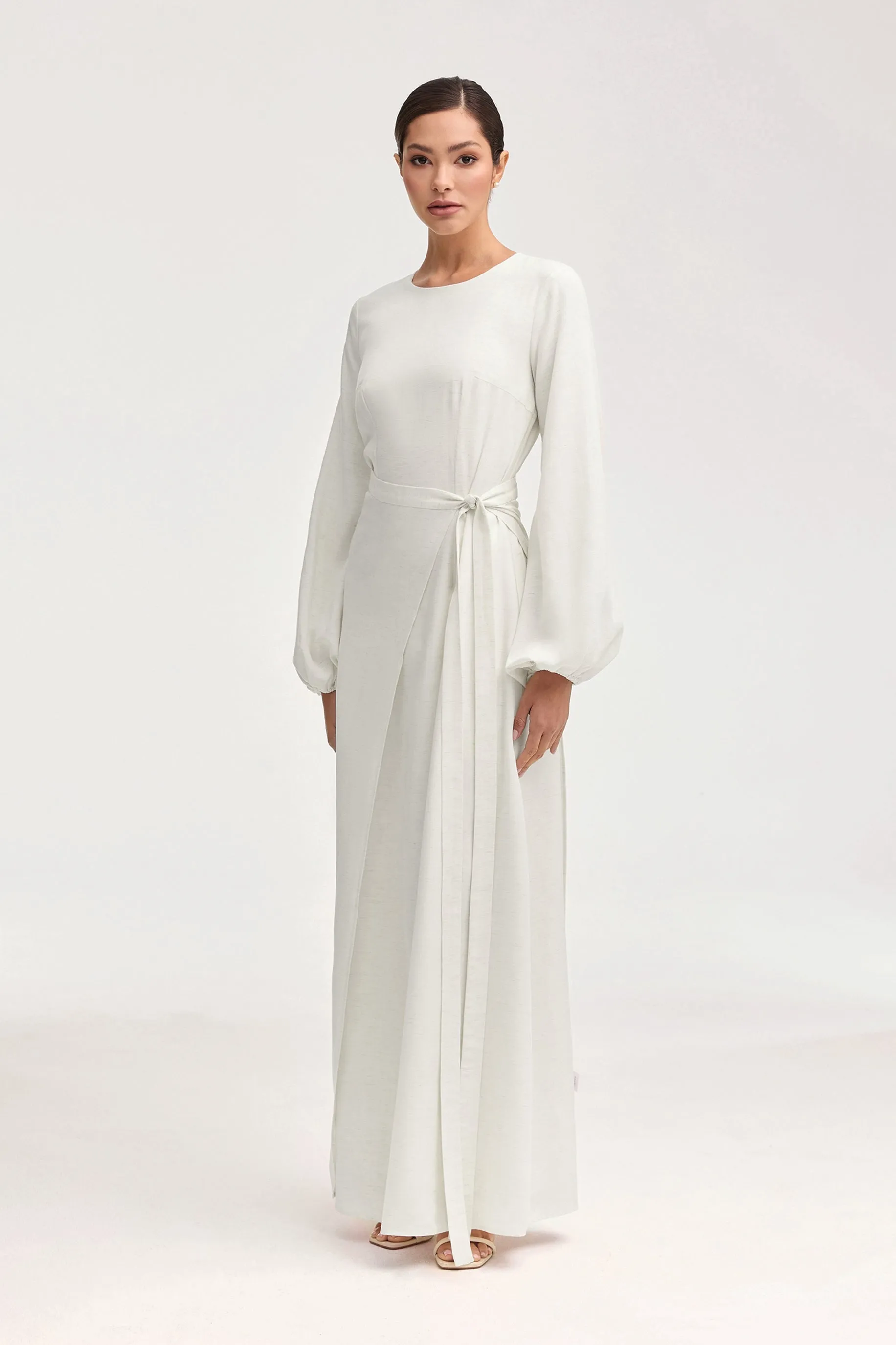 Linen Maxi Dress & Wrap Skirt Set - Off White Dainty Finish Art Spirit