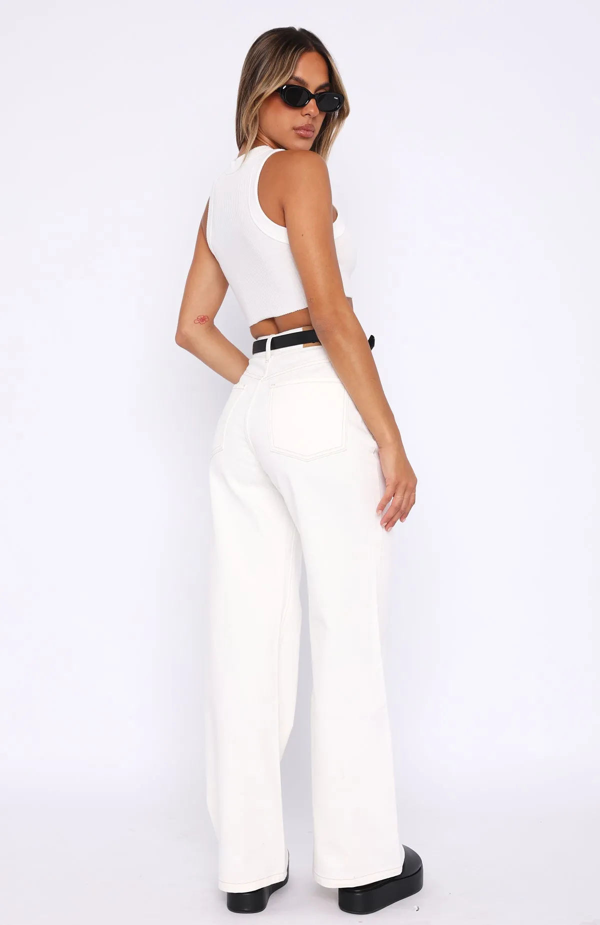 Lola High Rise Wide Leg Jeans Cream Stretchy Durable