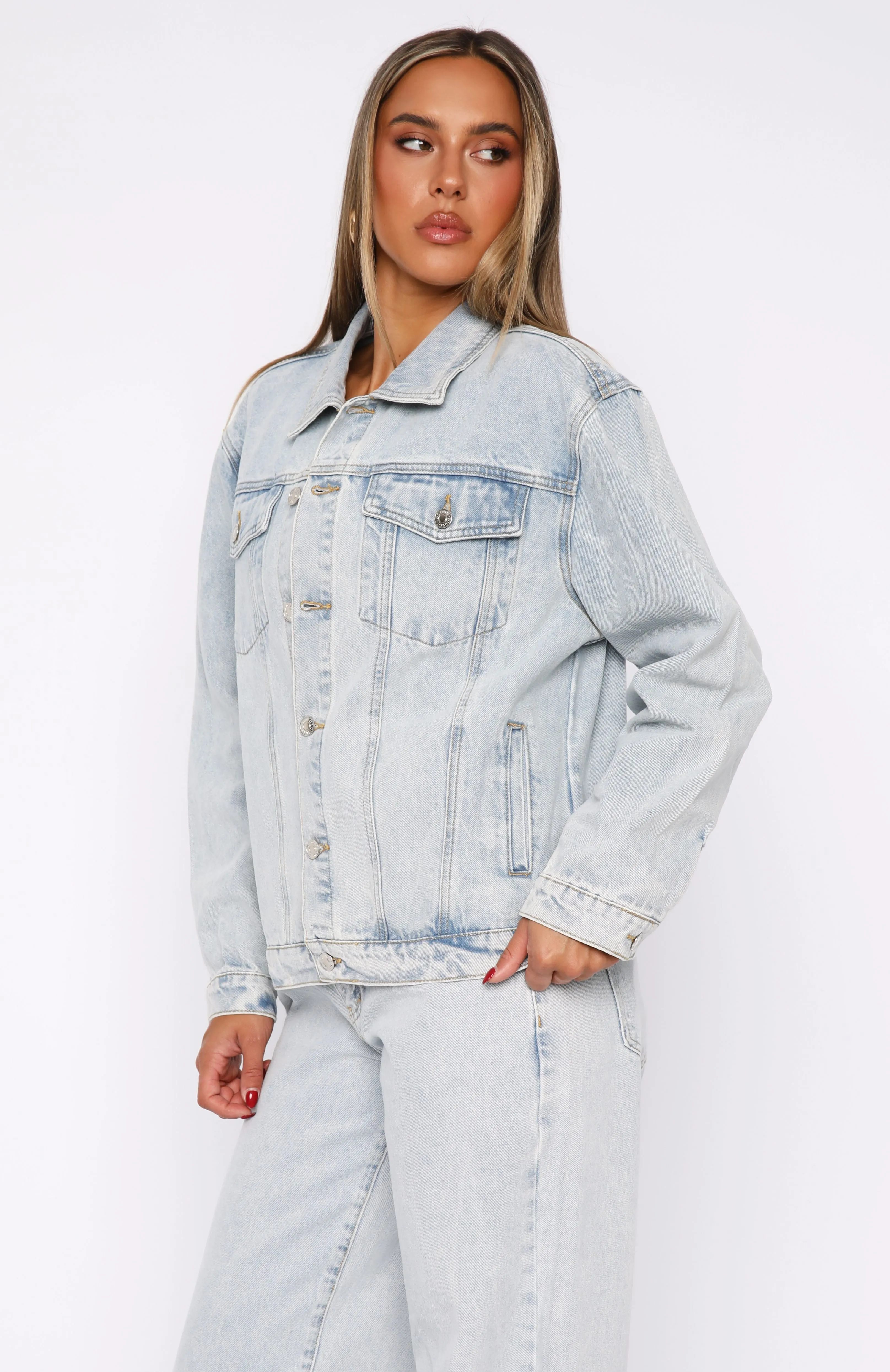 Long Sleek Adriana Oversized Denim Jacket Glacier Blue