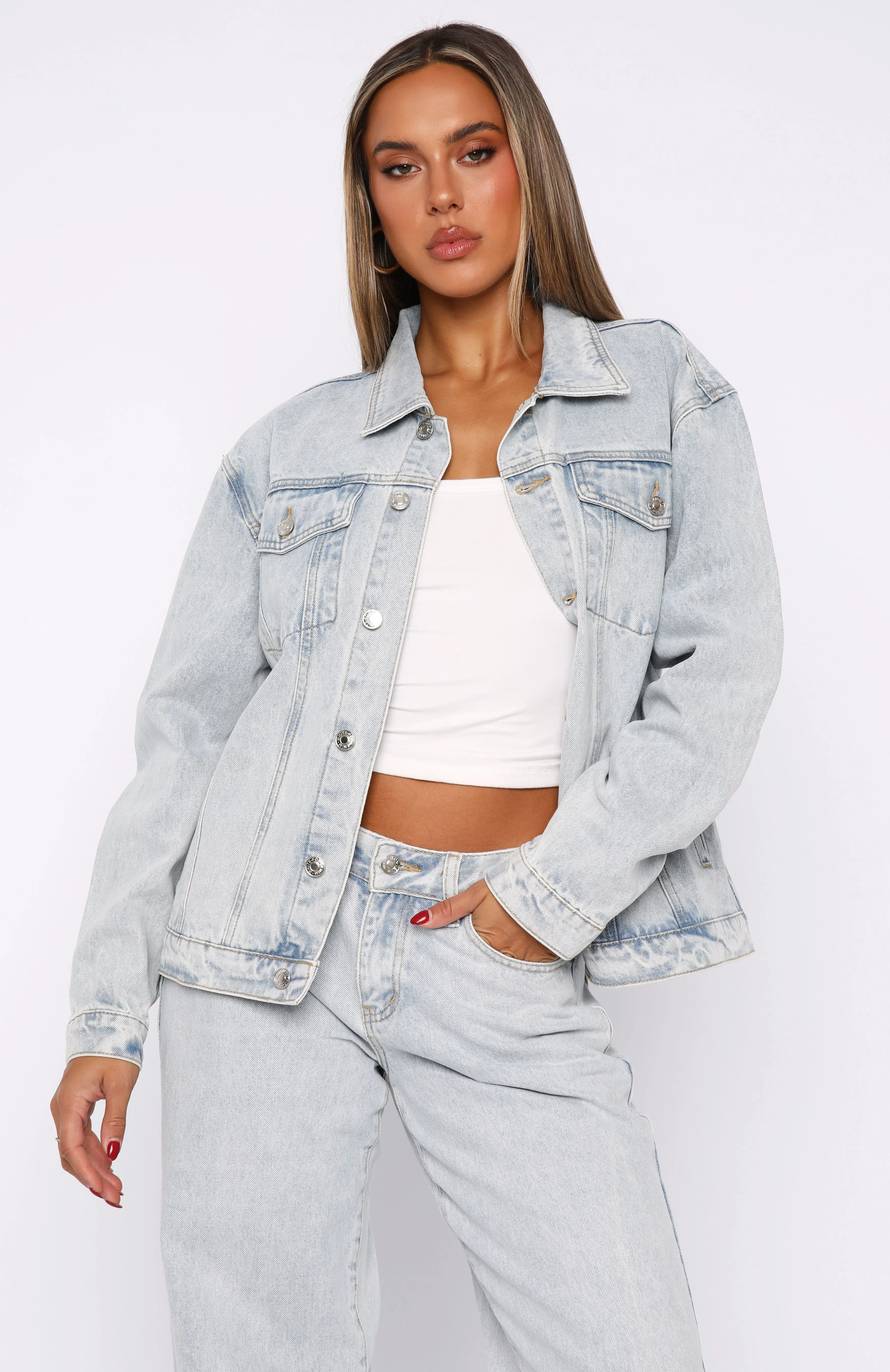 Long Sleek Adriana Oversized Denim Jacket Glacier Blue