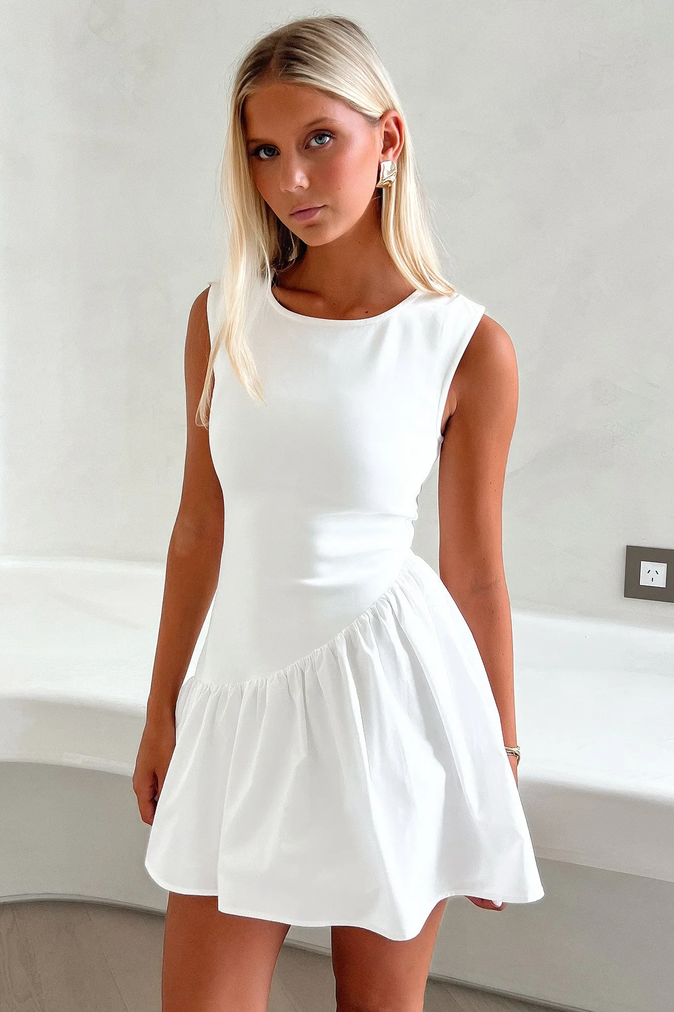Long Sleeve Adrienne Bubble Skirt Mini Dress - White