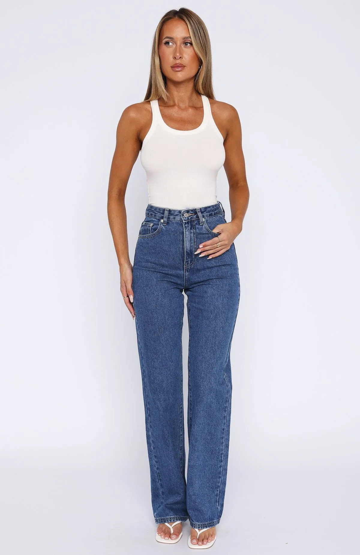 Long Way To Go High Rise Straight Leg Jeans Cobalt Blue Wash Mid-rise Comfort