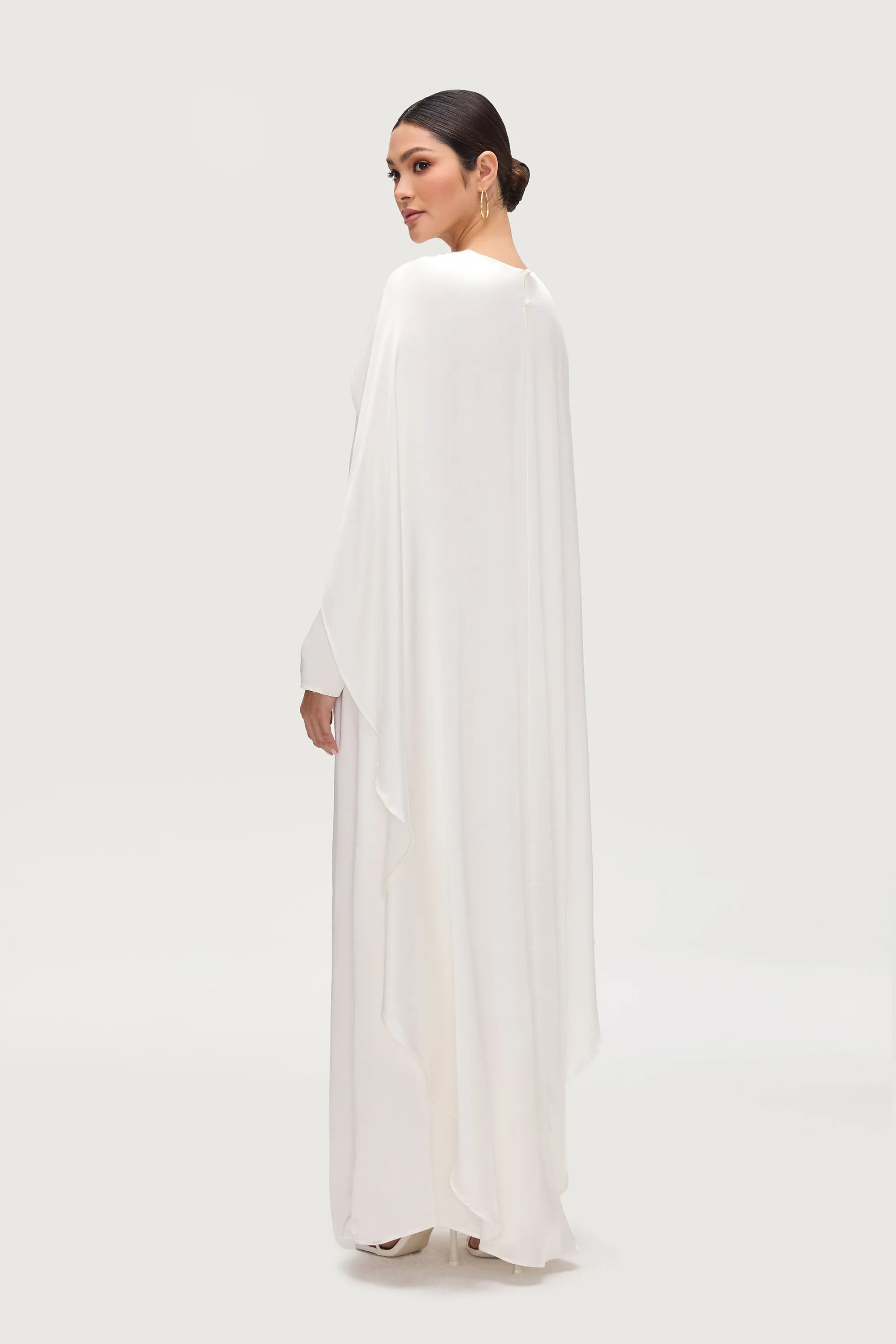 Loose Fit Raneem Silk Asymmetric Cape Dress - White