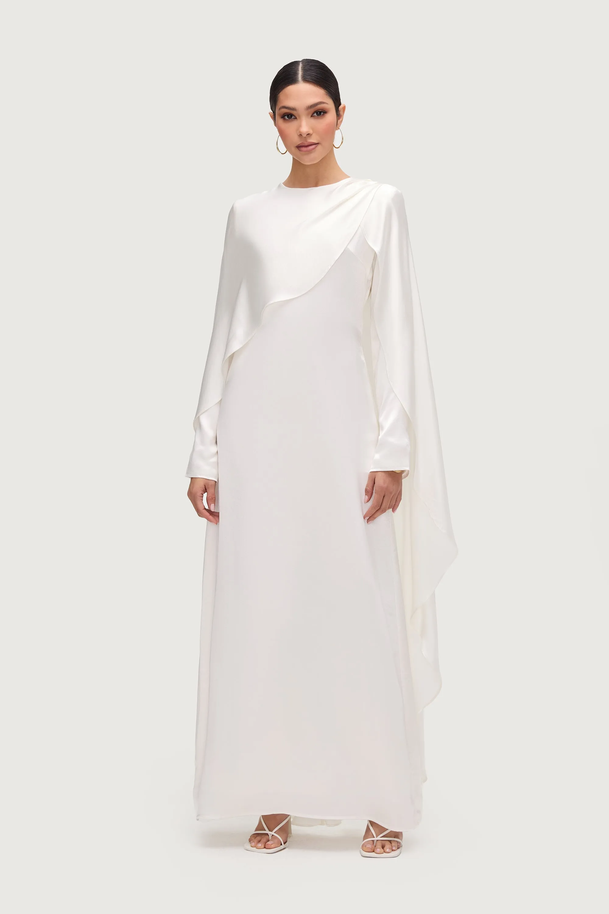 Loose Fit Raneem Silk Asymmetric Cape Dress - White