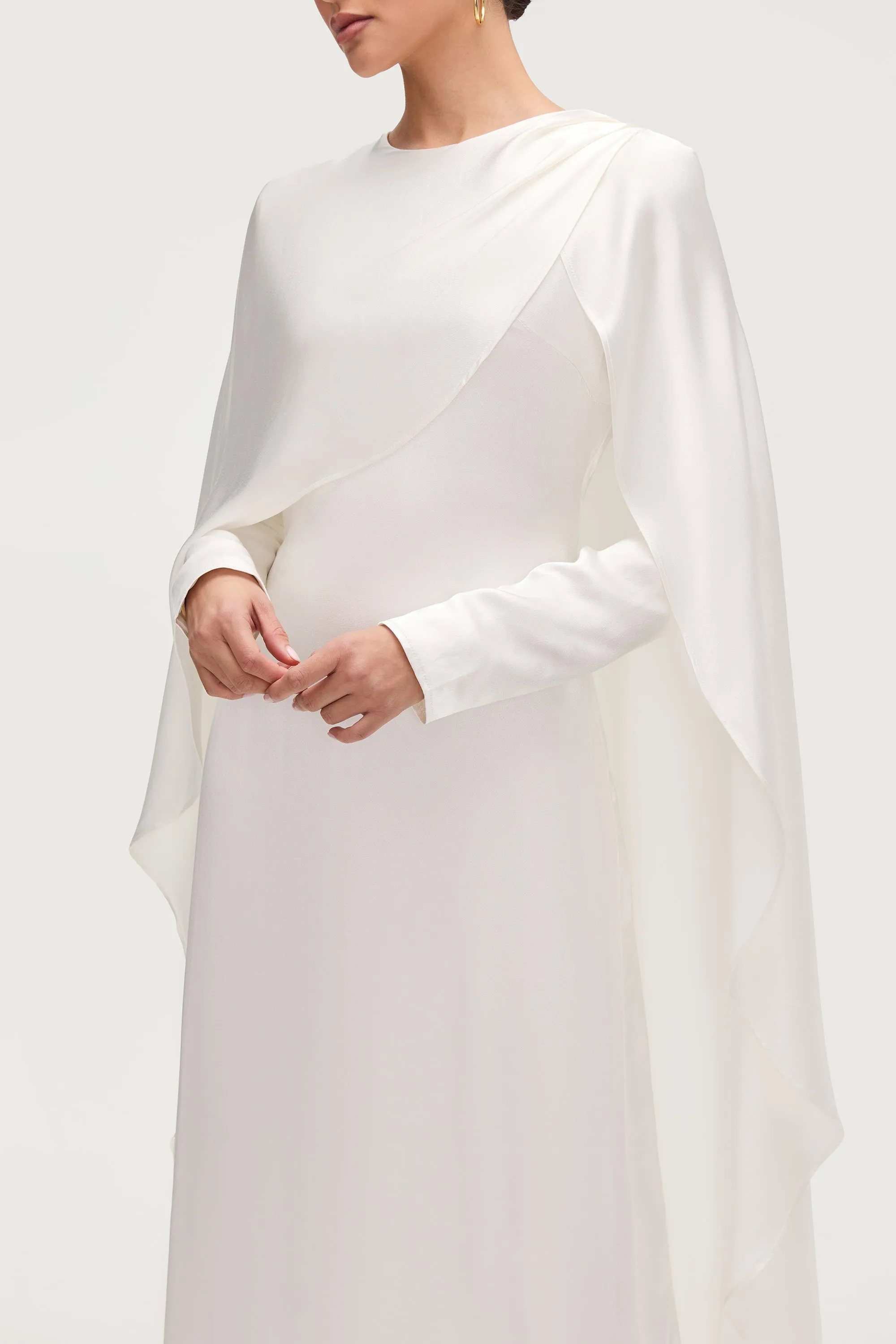 Loose Fit Raneem Silk Asymmetric Cape Dress - White