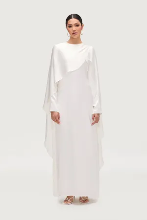 Layered Style Gentle Look Raneem Silk Asymmetric Cape Dress - White