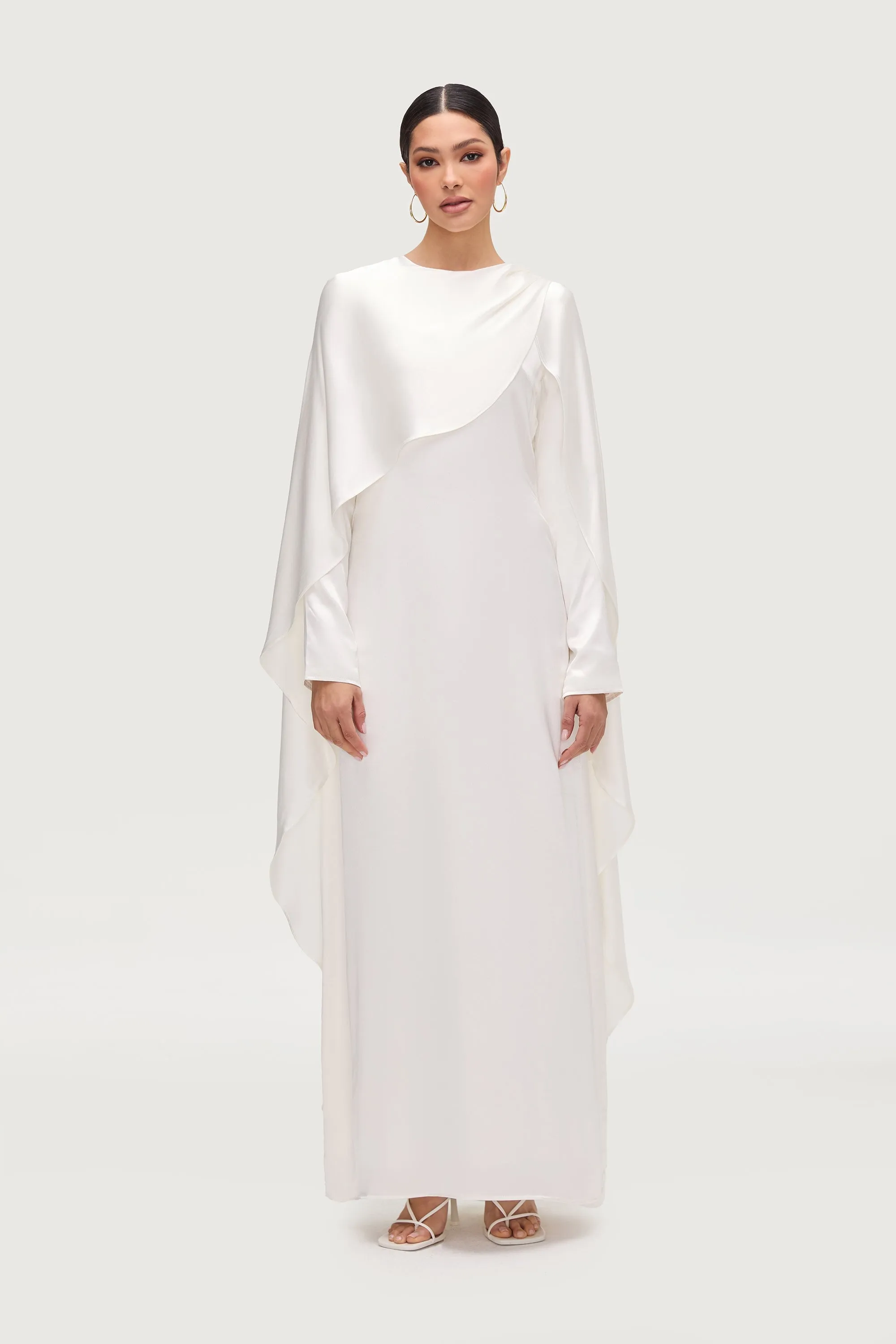 Layered Style Gentle Look Raneem Silk Asymmetric Cape Dress - White