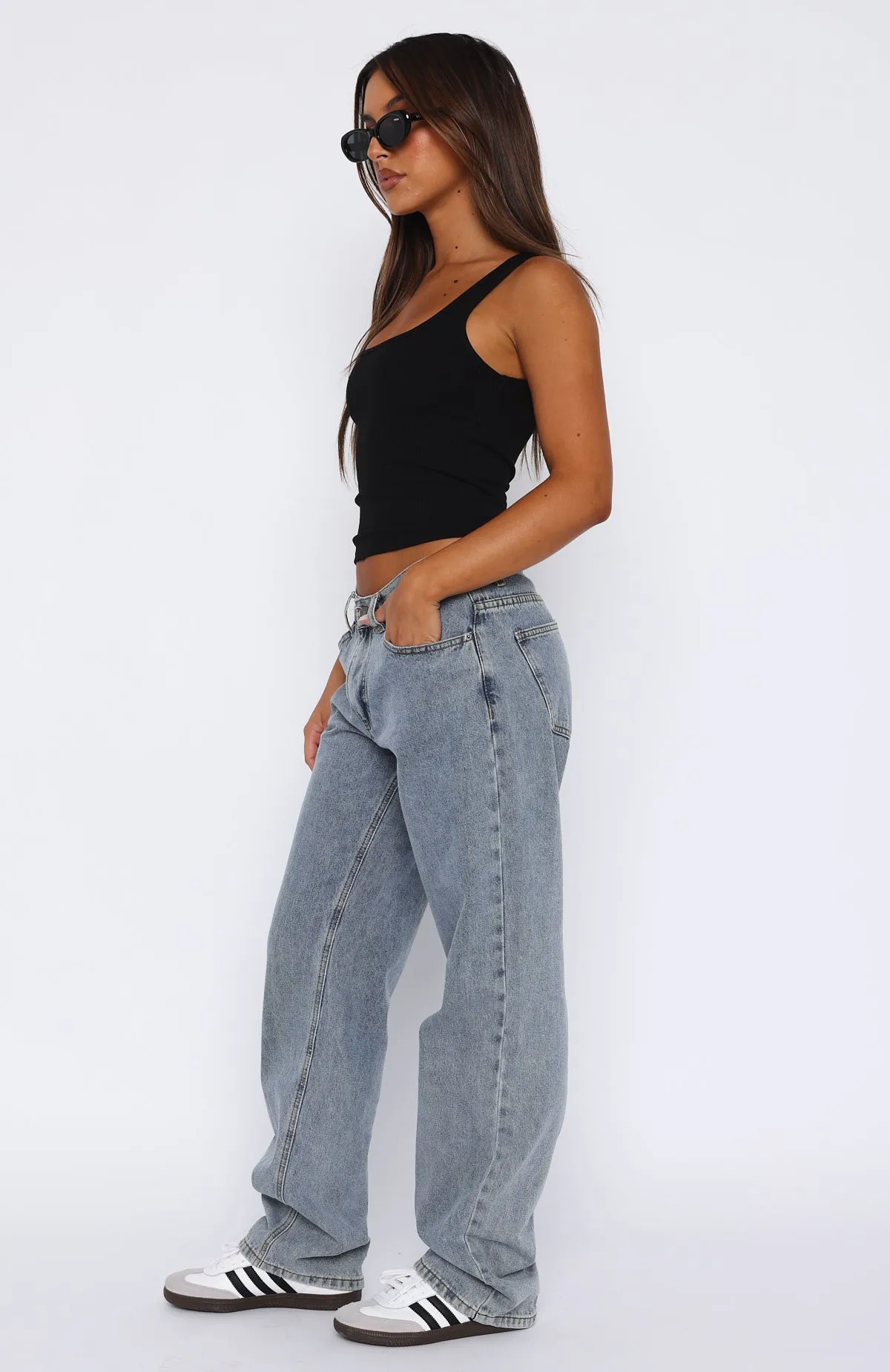 Low-waist Stylish Fashion Society Mid Rise Straight Leg Jeans Blue Wash