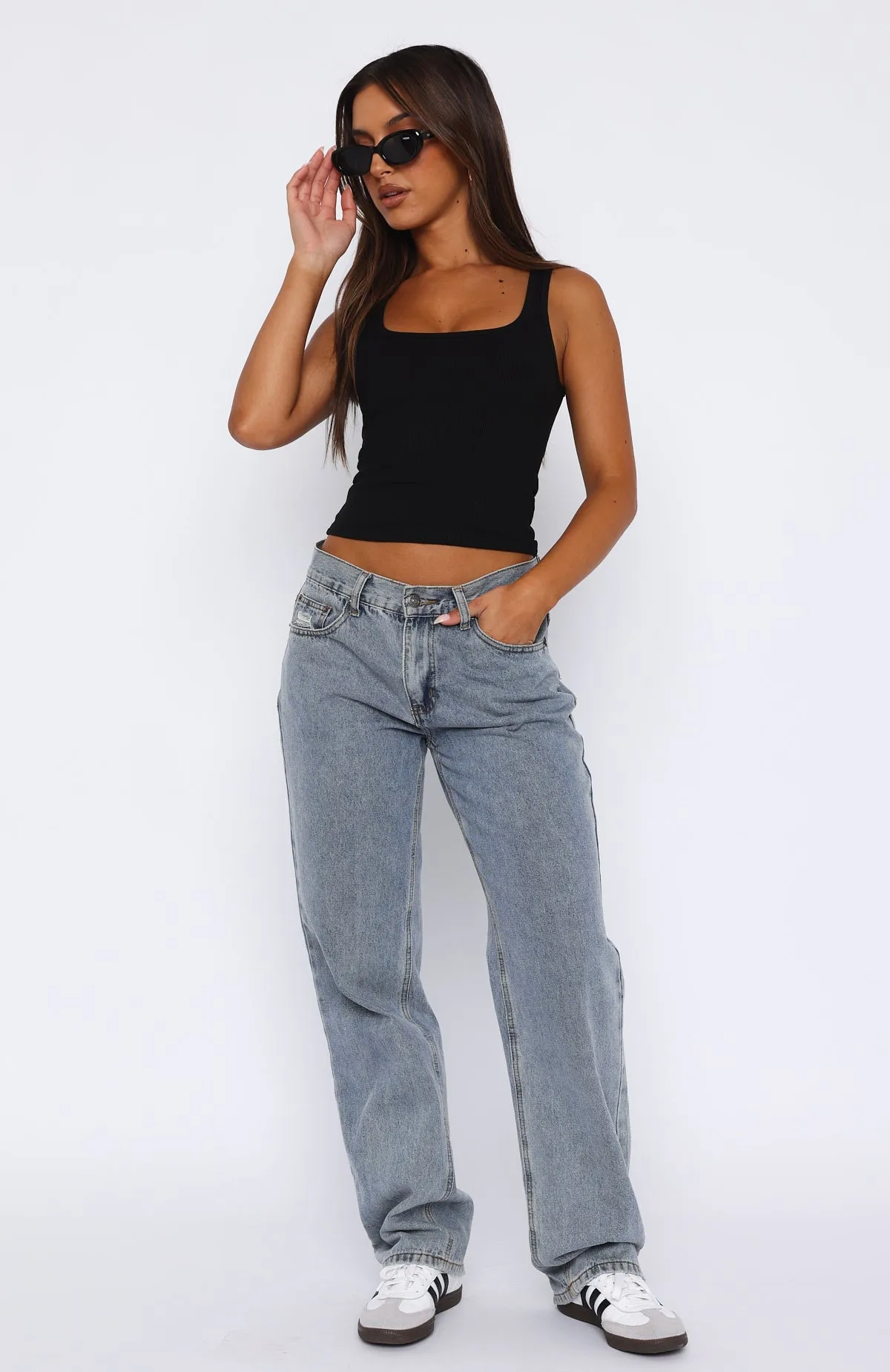 Low-waist Stylish Fashion Society Mid Rise Straight Leg Jeans Blue Wash