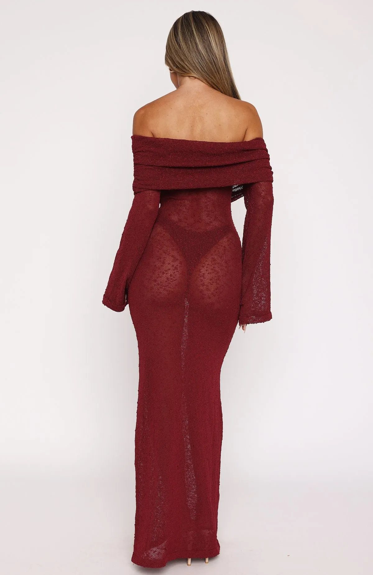 Made It Out Long Sleeve Boucle Maxi Dress Burgundy Smocked Back