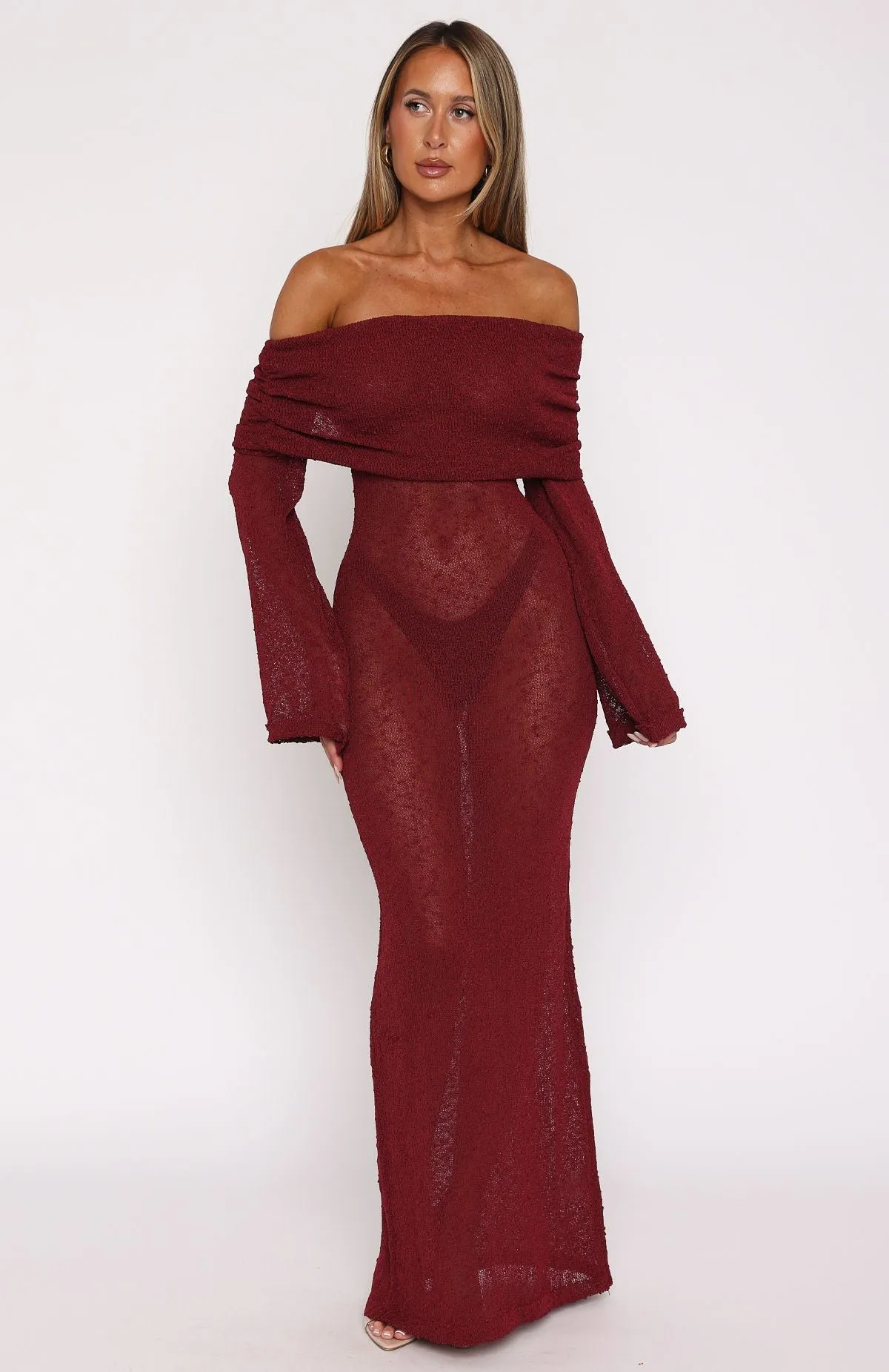 Made It Out Long Sleeve Boucle Maxi Dress Burgundy Smocked Back