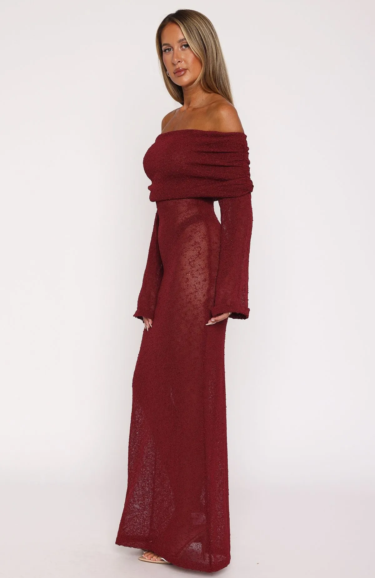 Made It Out Long Sleeve Boucle Maxi Dress Burgundy Smocked Back