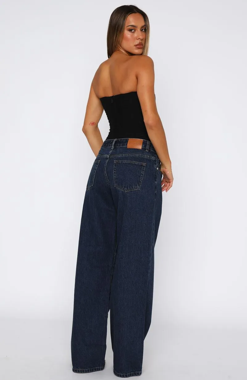 Maeve Low Rise Wide Leg Jeans Dark Blue Street Style